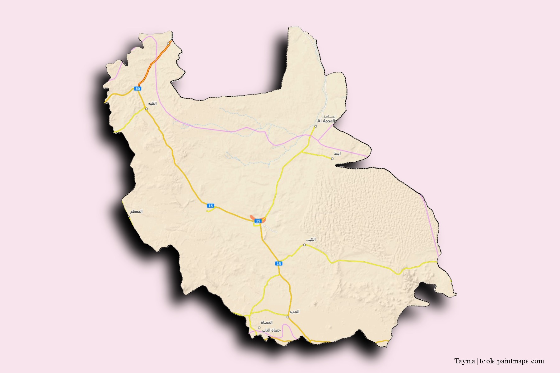 Mapa de barrios y pueblos de Tayma con efecto de sombra 3D