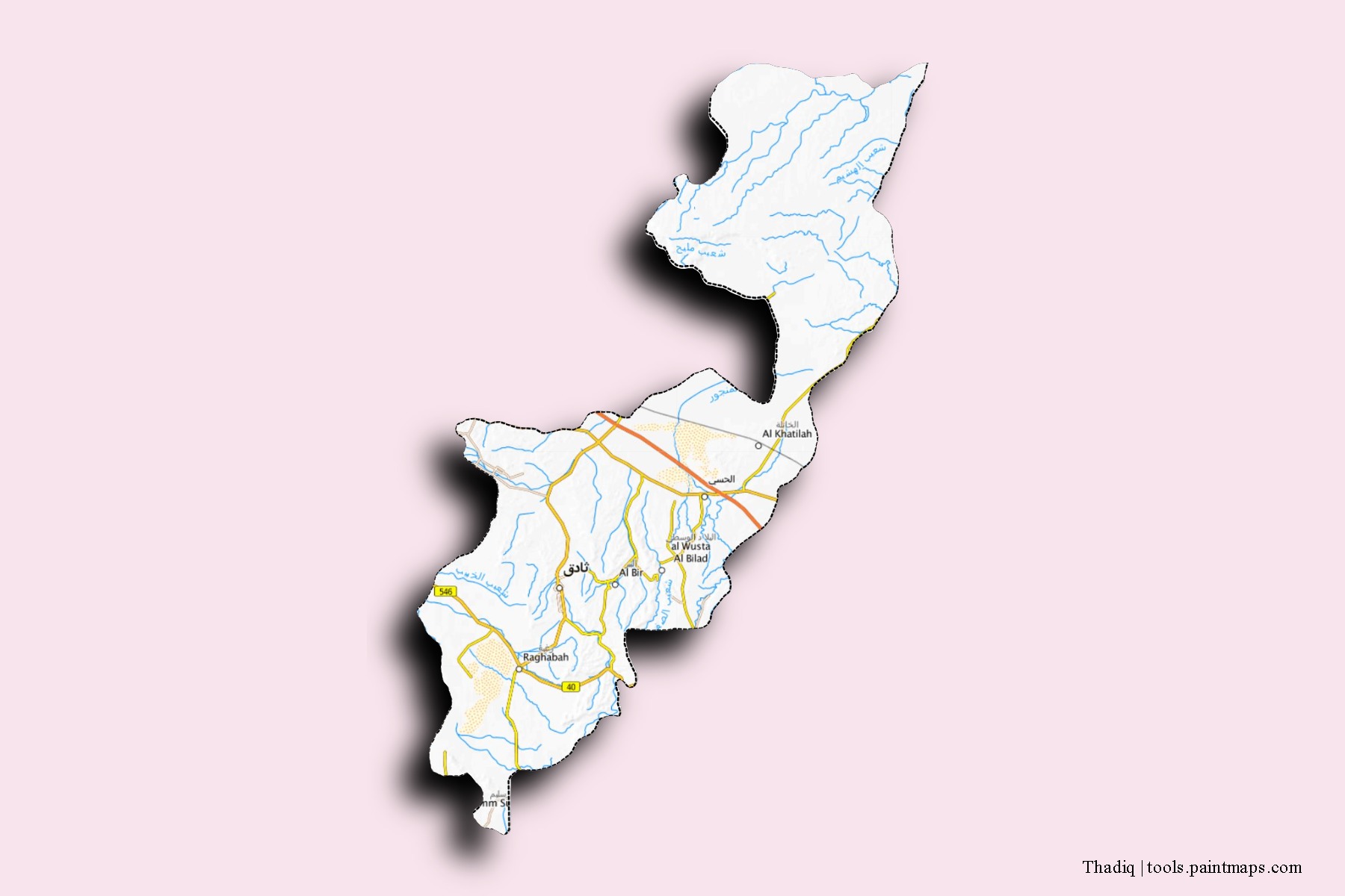 Mapa de barrios y pueblos de Thadiq con efecto de sombra 3D