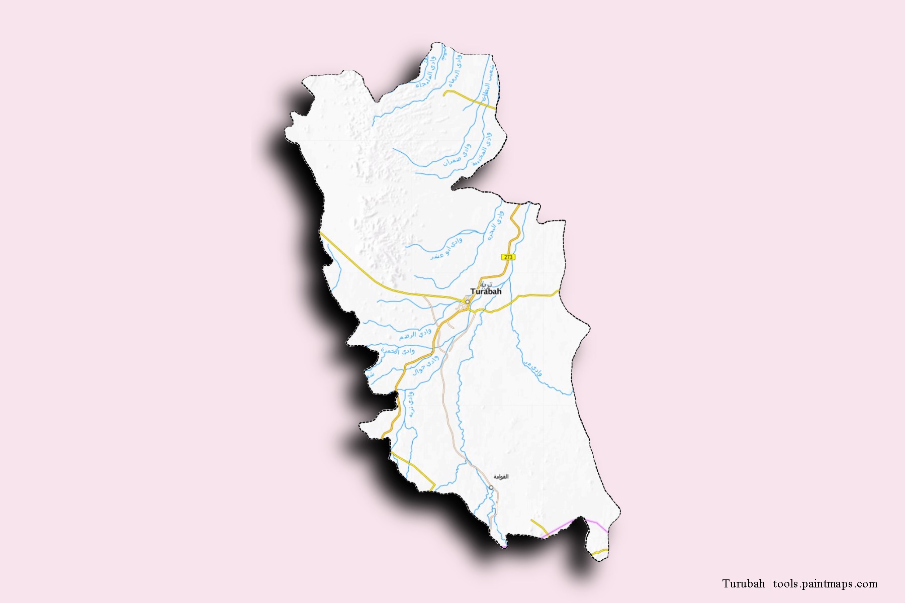 Mapa de barrios y pueblos de Turubah con efecto de sombra 3D