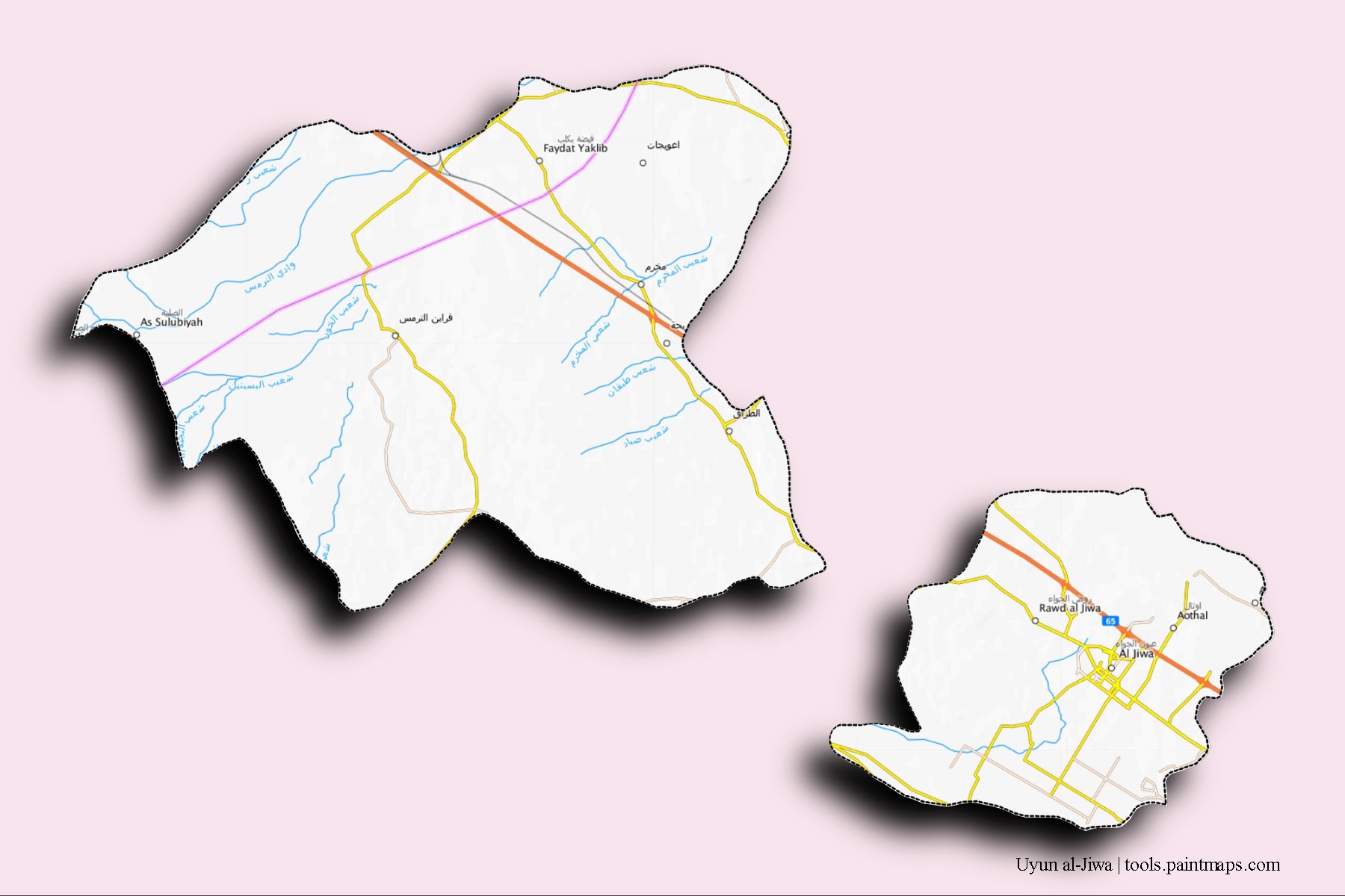 3D gölge efektli Uyun al-Jiwa mahalleleri ve köyleri haritası