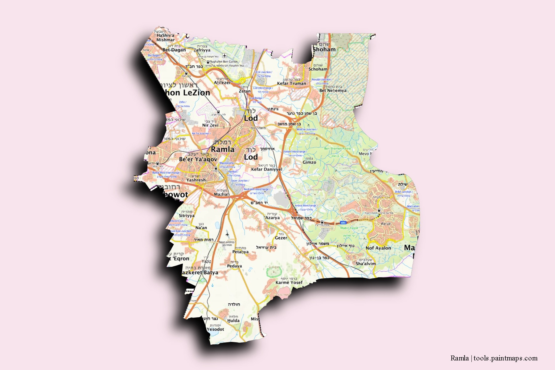 Ramla neighborhoods and villages map with 3D shadow effect