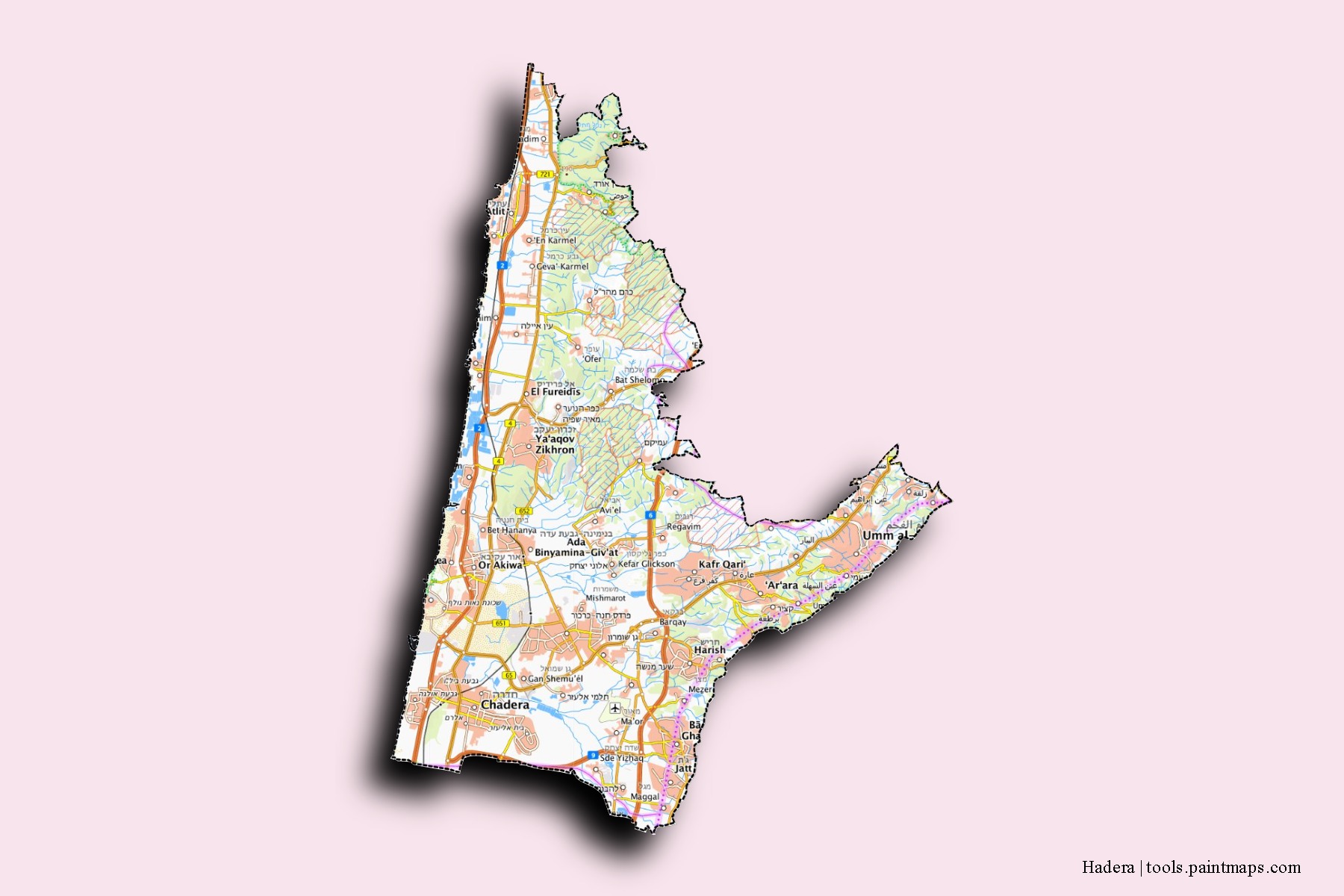 Mapa de barrios y pueblos de Hadera con efecto de sombra 3D