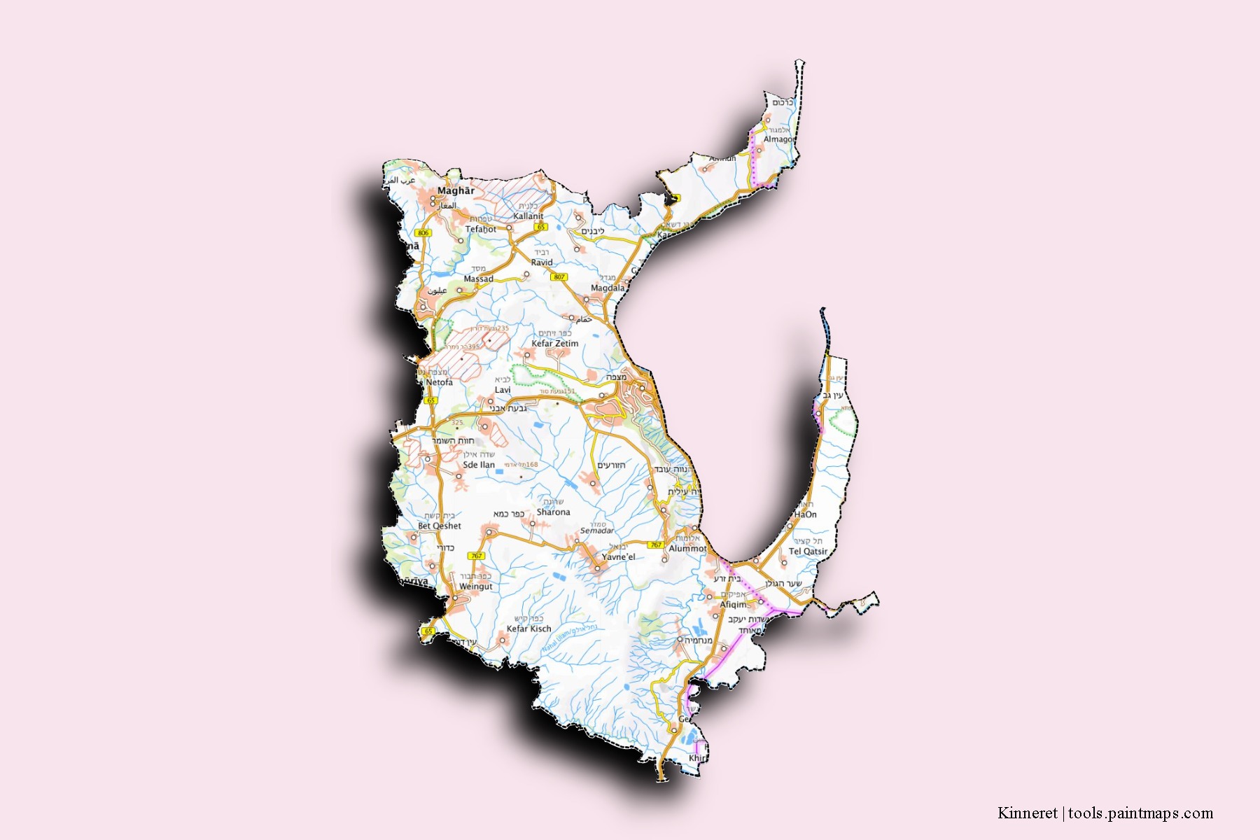 Mapa de barrios y pueblos de Kinneret con efecto de sombra 3D