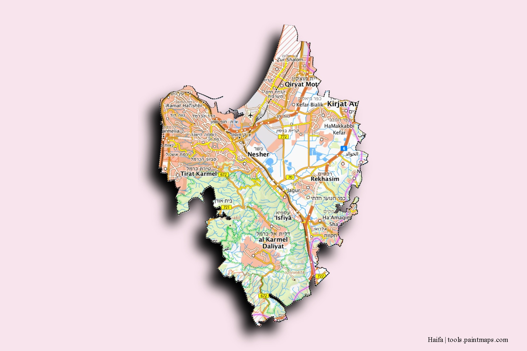 Mapa de barrios y pueblos de Haifa con efecto de sombra 3D