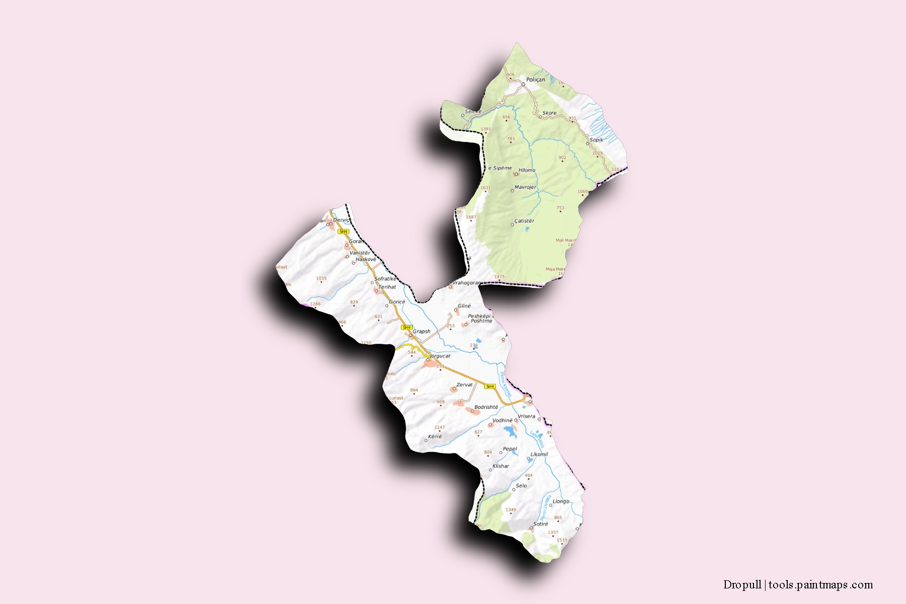 3D gölge efektli Dropull mahalleleri ve köyleri haritası