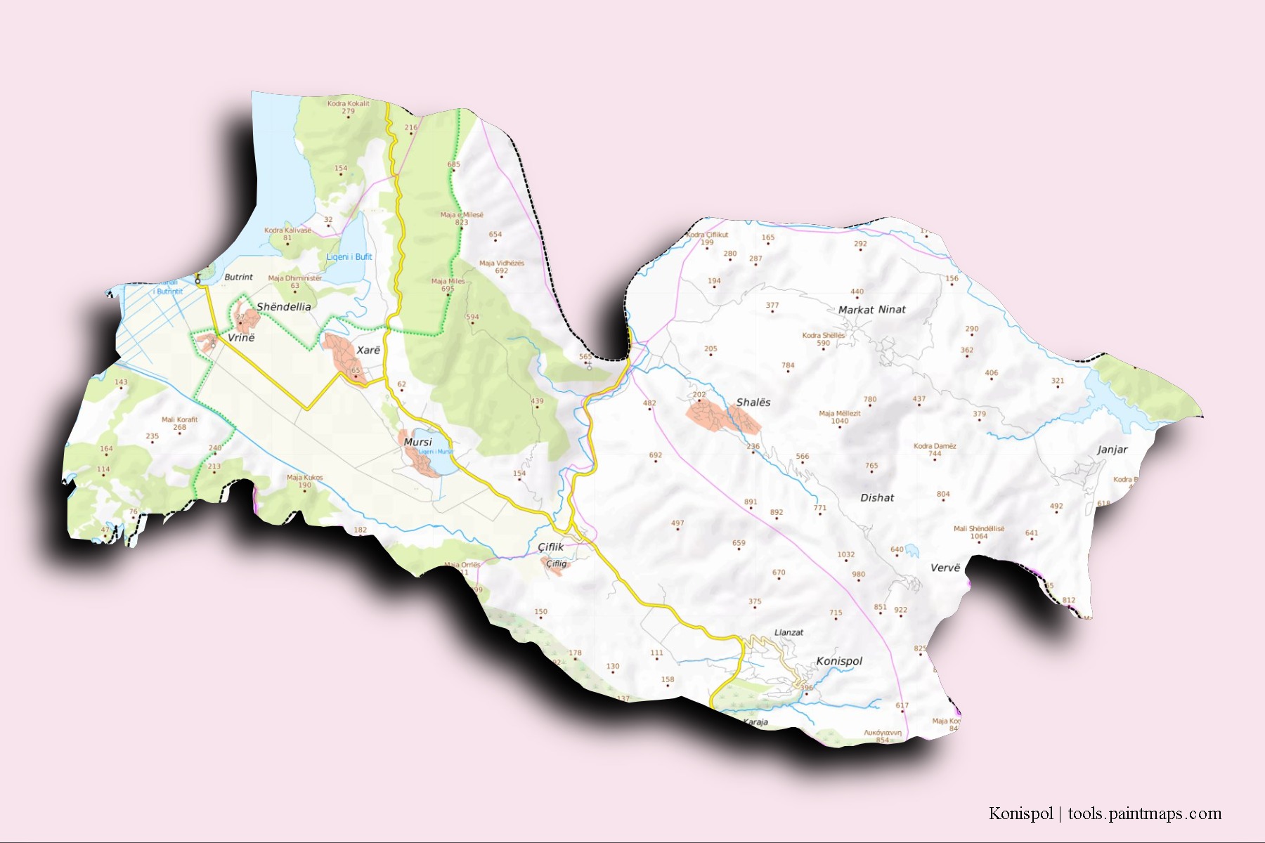 Konispol neighborhoods and villages map with 3D shadow effect