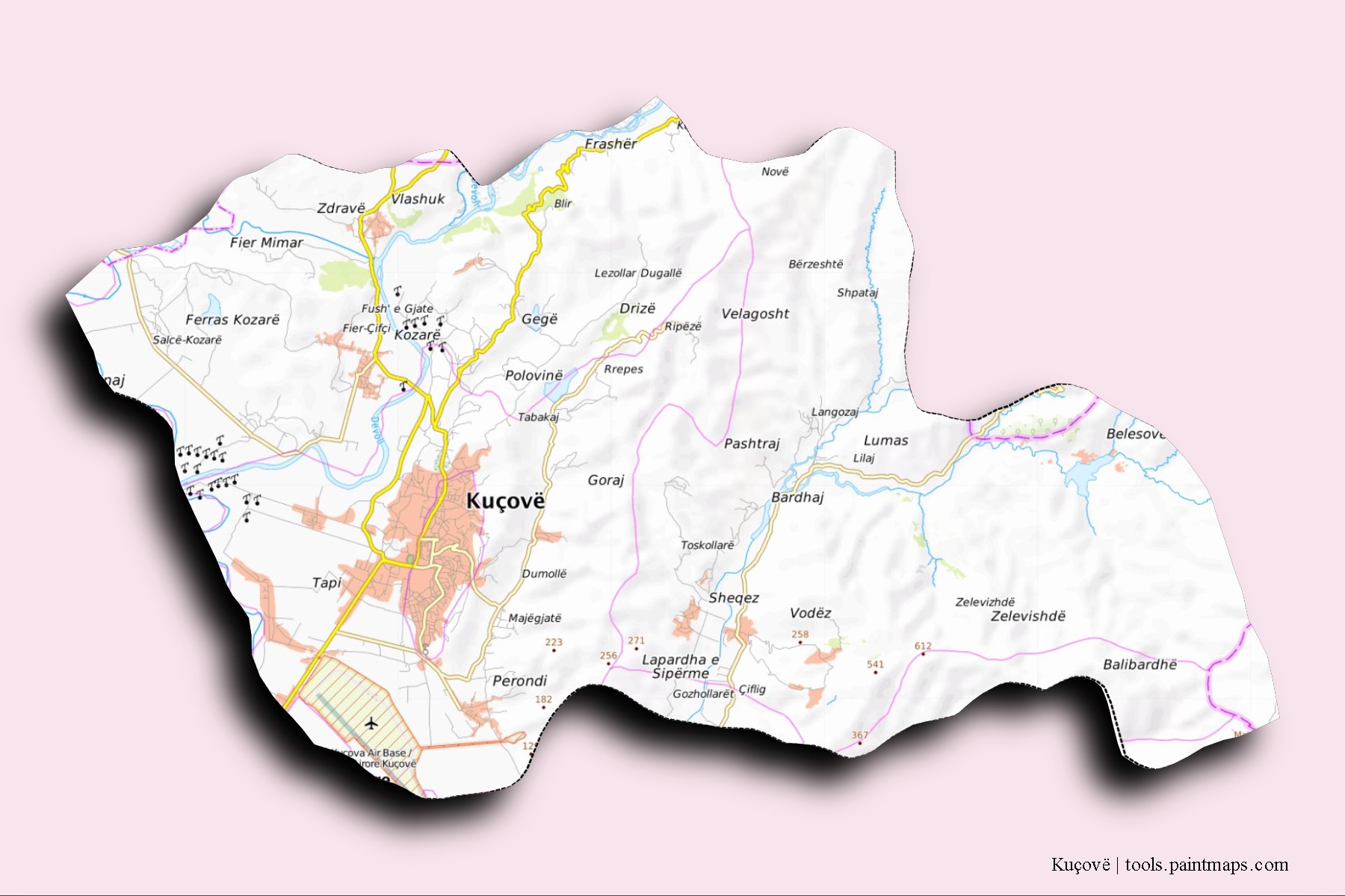 Mapa de barrios y pueblos de Kuçovë con efecto de sombra 3D