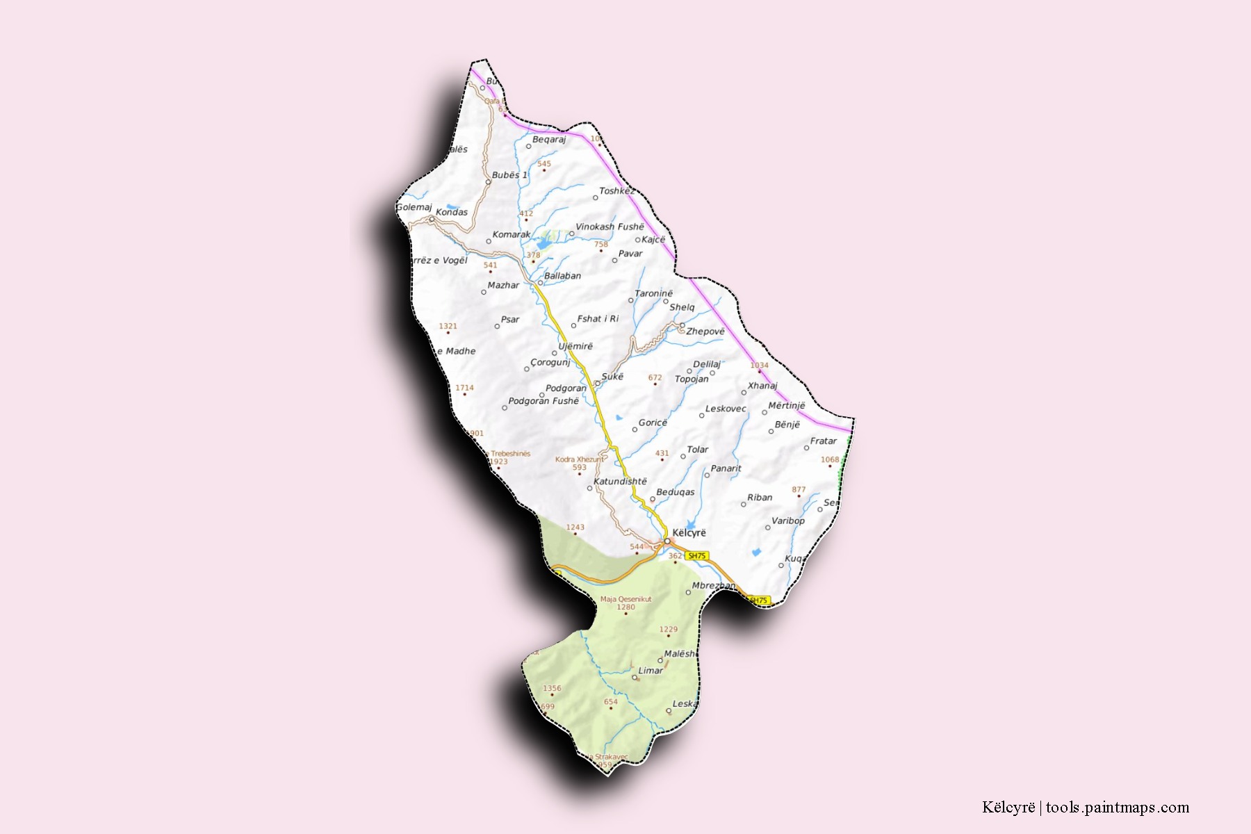 Mapa de barrios y pueblos de Këlcyrë con efecto de sombra 3D