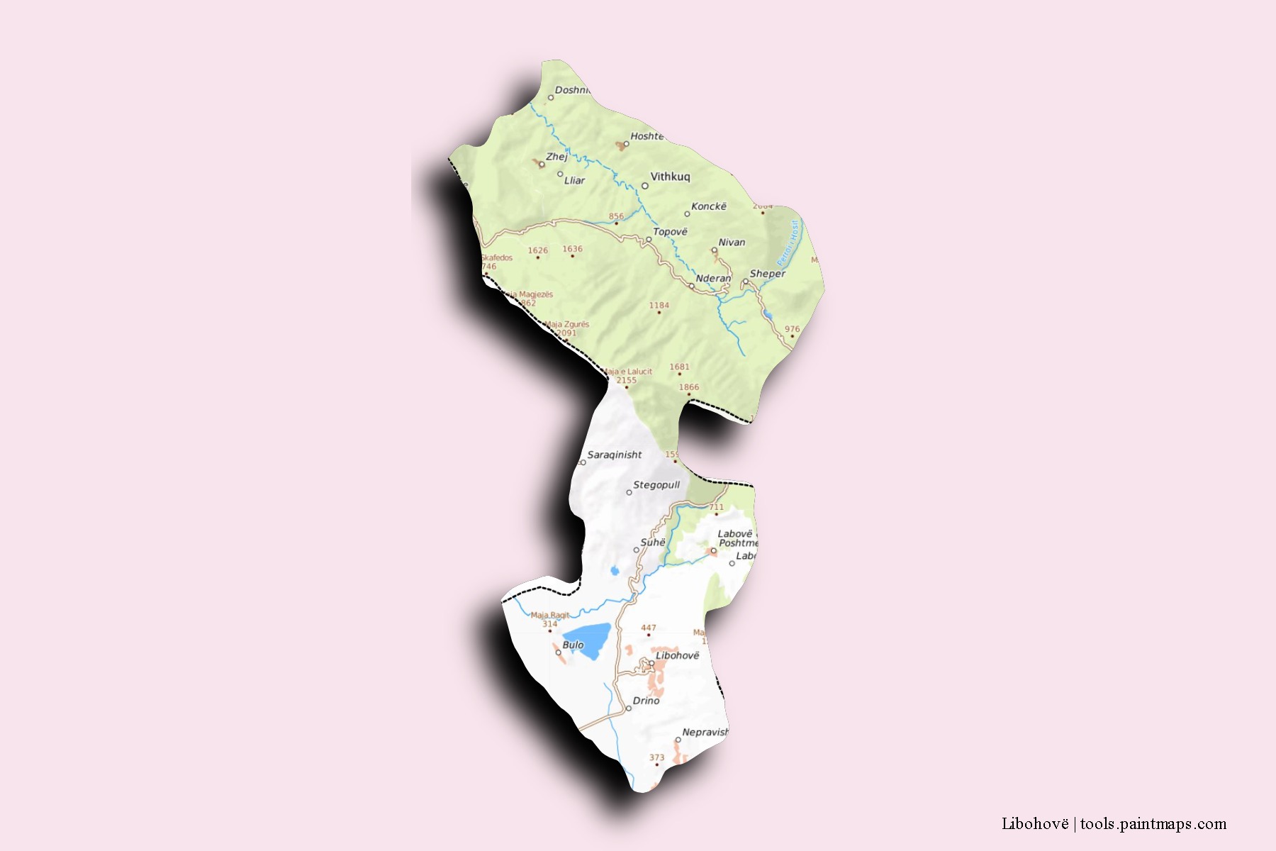 Mapa de barrios y pueblos de Libohovë con efecto de sombra 3D