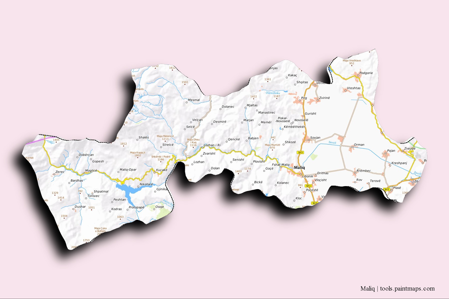 Mapa de barrios y pueblos de Maliq con efecto de sombra 3D