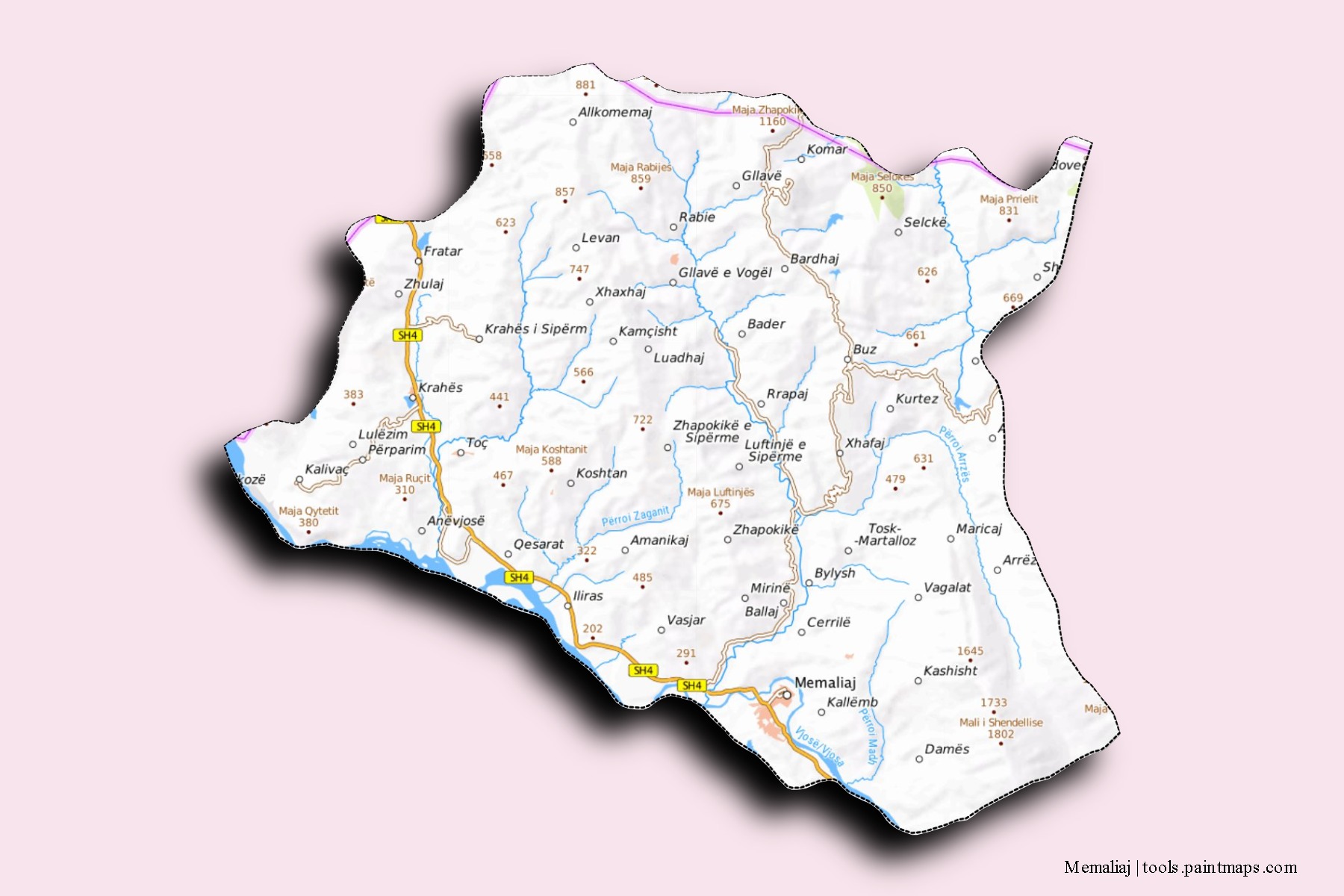 Mapa de barrios y pueblos de Memaliaj con efecto de sombra 3D