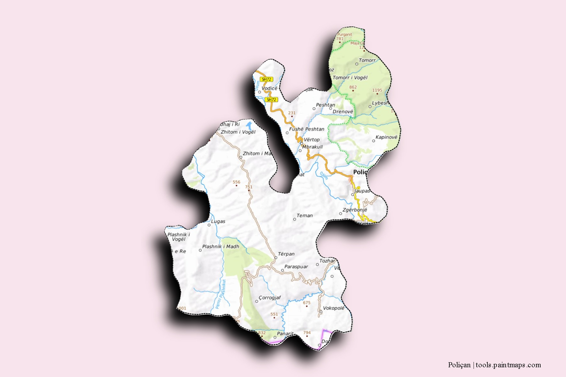 Mapa de barrios y pueblos de Poliçan con efecto de sombra 3D