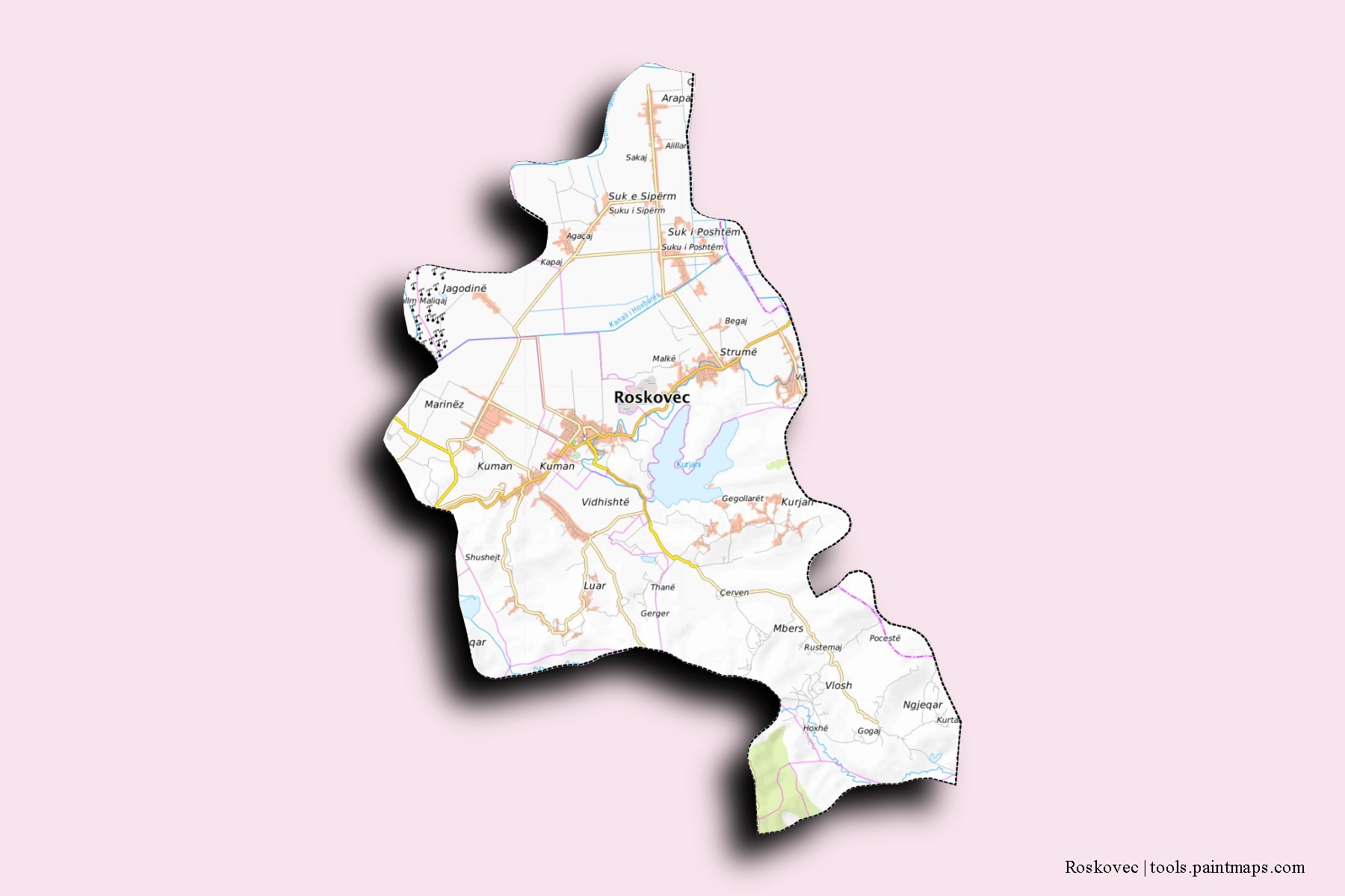 Roskovec neighborhoods and villages map with 3D shadow effect