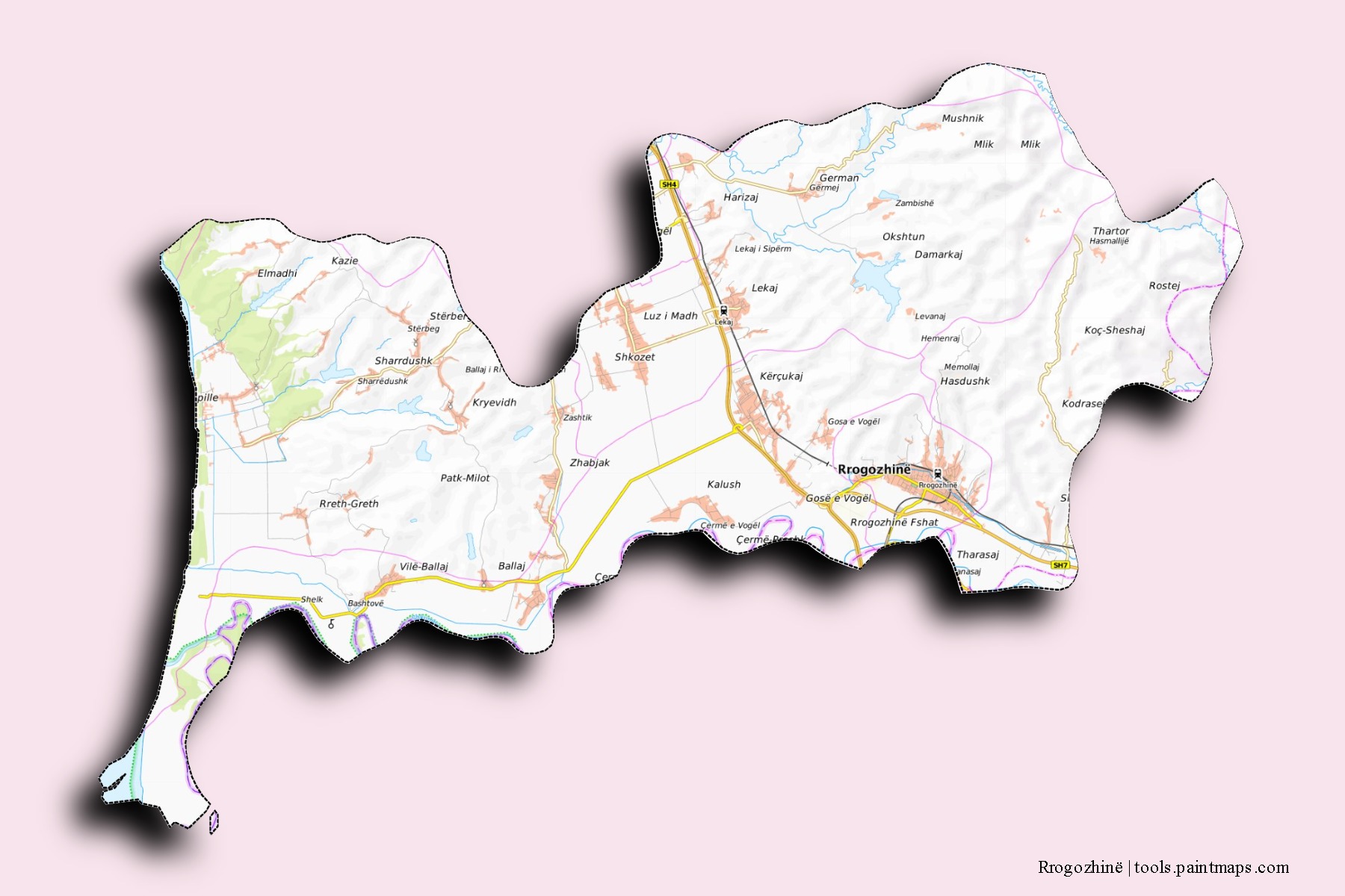 Mapa de barrios y pueblos de Rrogozhinë con efecto de sombra 3D