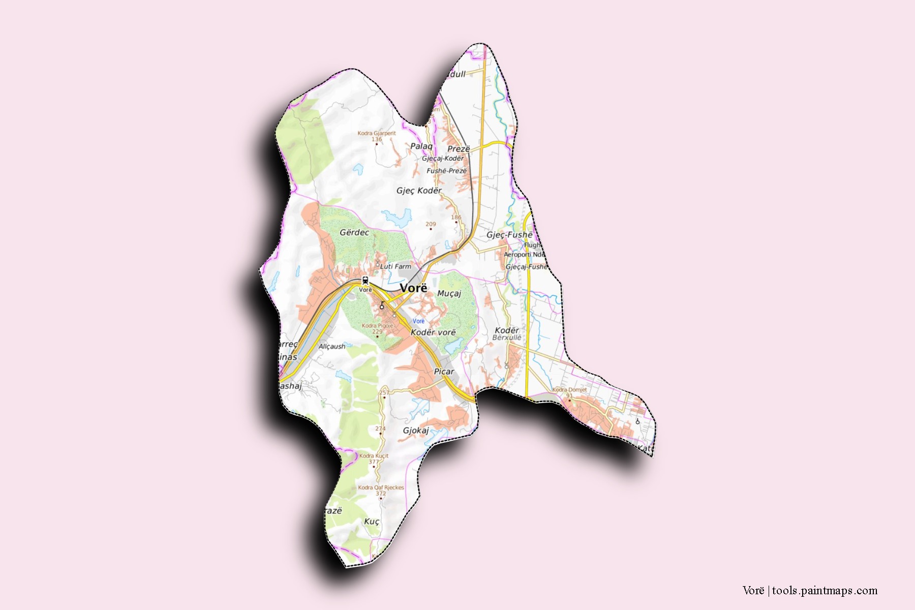 Mapa de barrios y pueblos de Vorë con efecto de sombra 3D