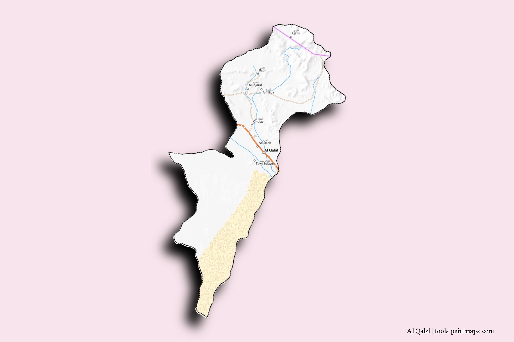 Mapa de barrios y pueblos de Al Qabil con efecto de sombra 3D