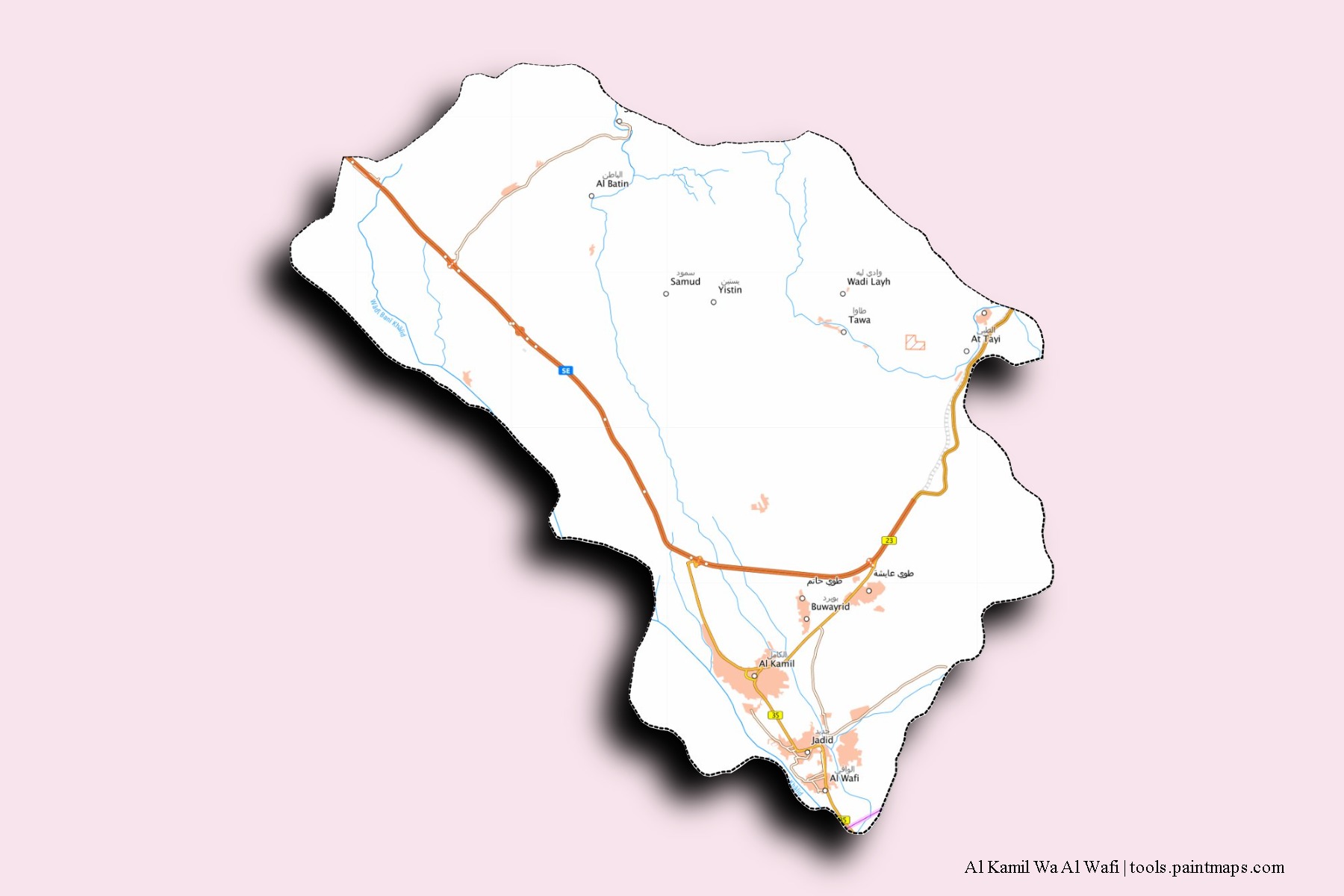 Al Kamil Wa Al Wafi neighborhoods and villages map with 3D shadow effect