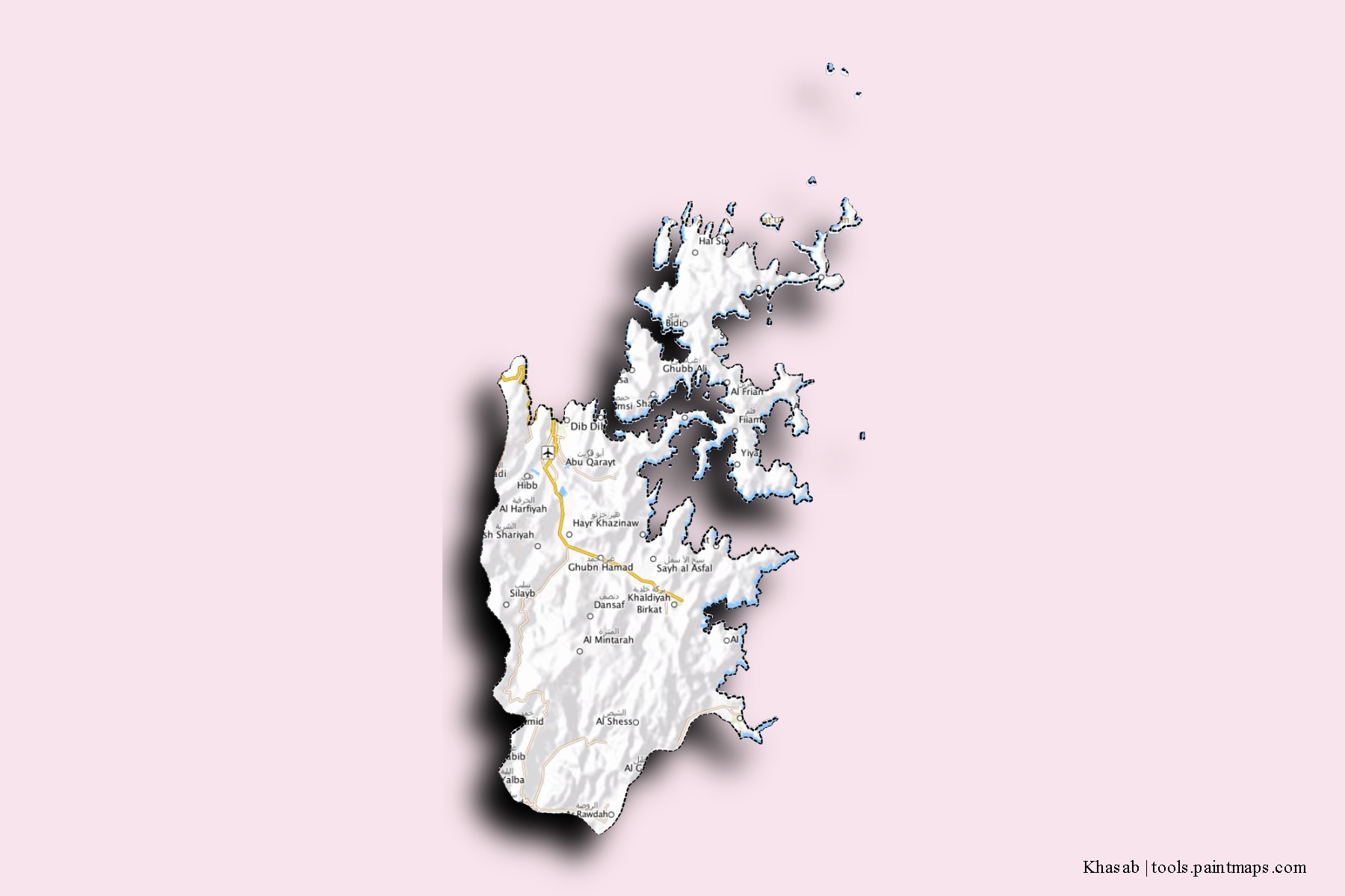 Mapa de barrios y pueblos de Khasab con efecto de sombra 3D