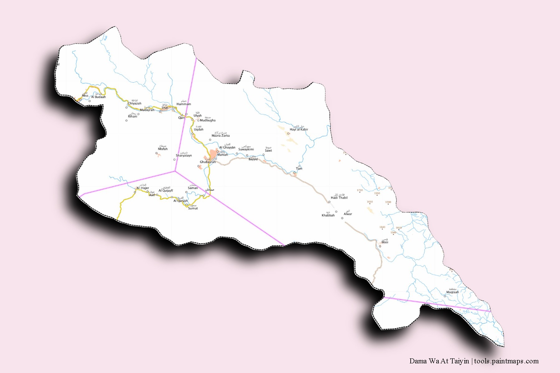 Mapa de barrios y pueblos de Dama Wa At Taiyin con efecto de sombra 3D