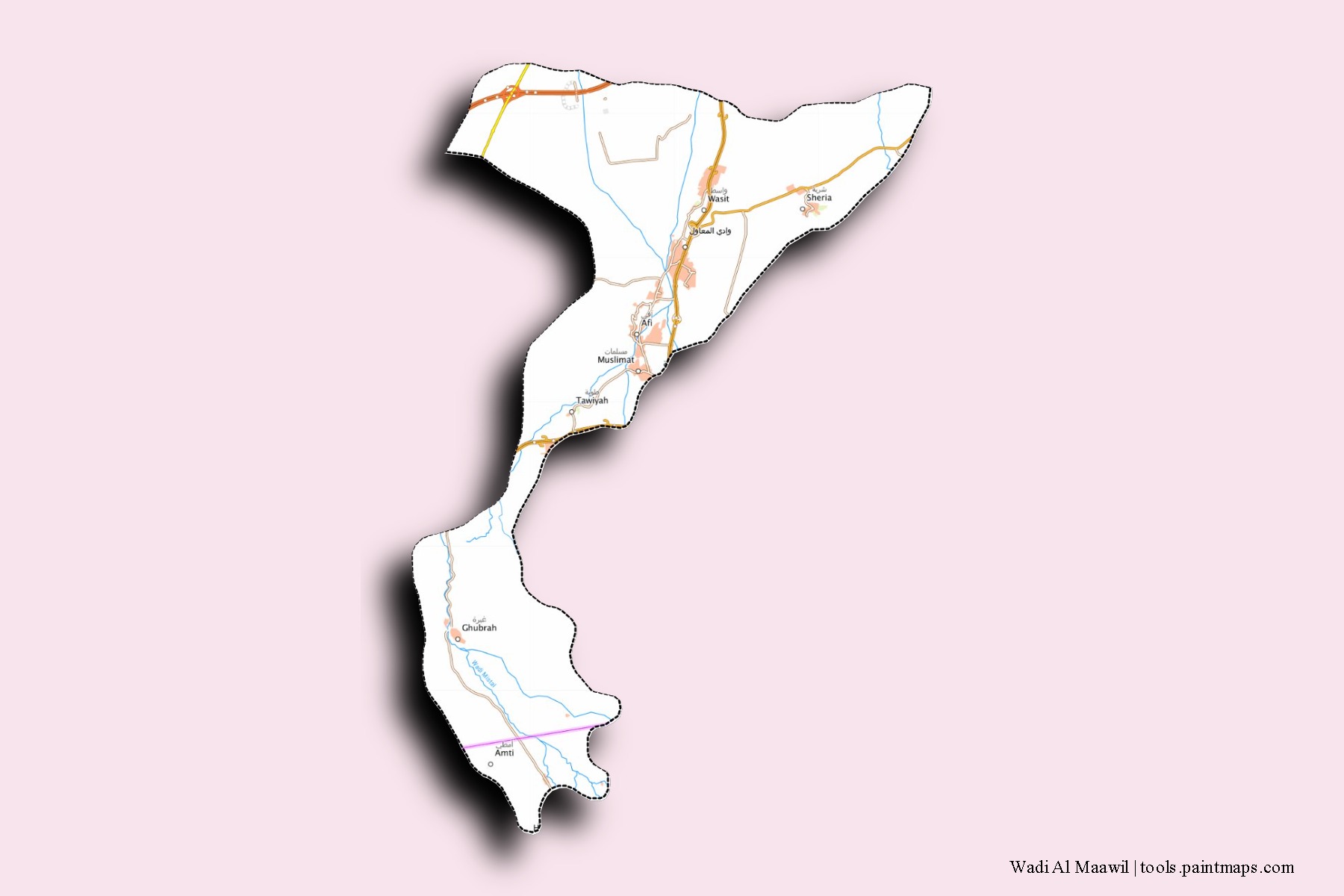 Wadi Al Maawil neighborhoods and villages map with 3D shadow effect