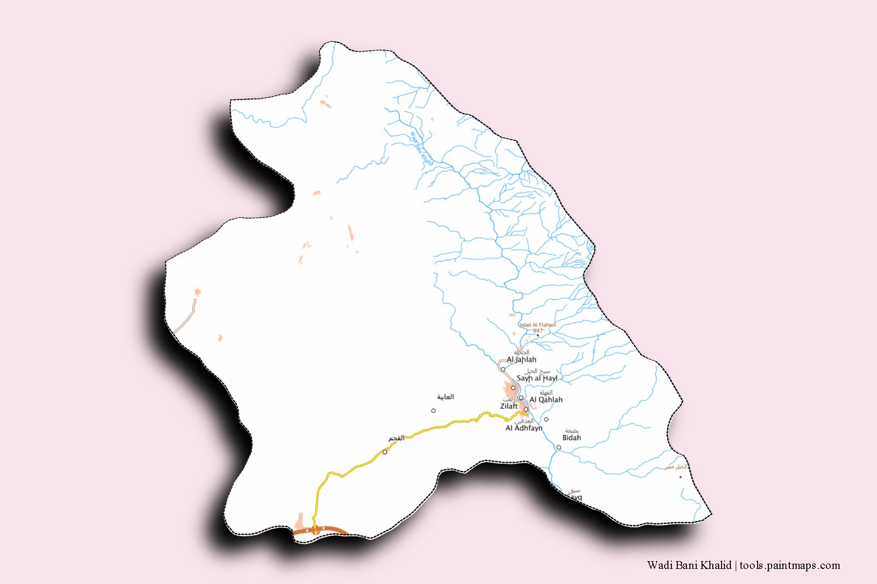 Wadi Bani Khalid neighborhoods and villages map with 3D shadow effect