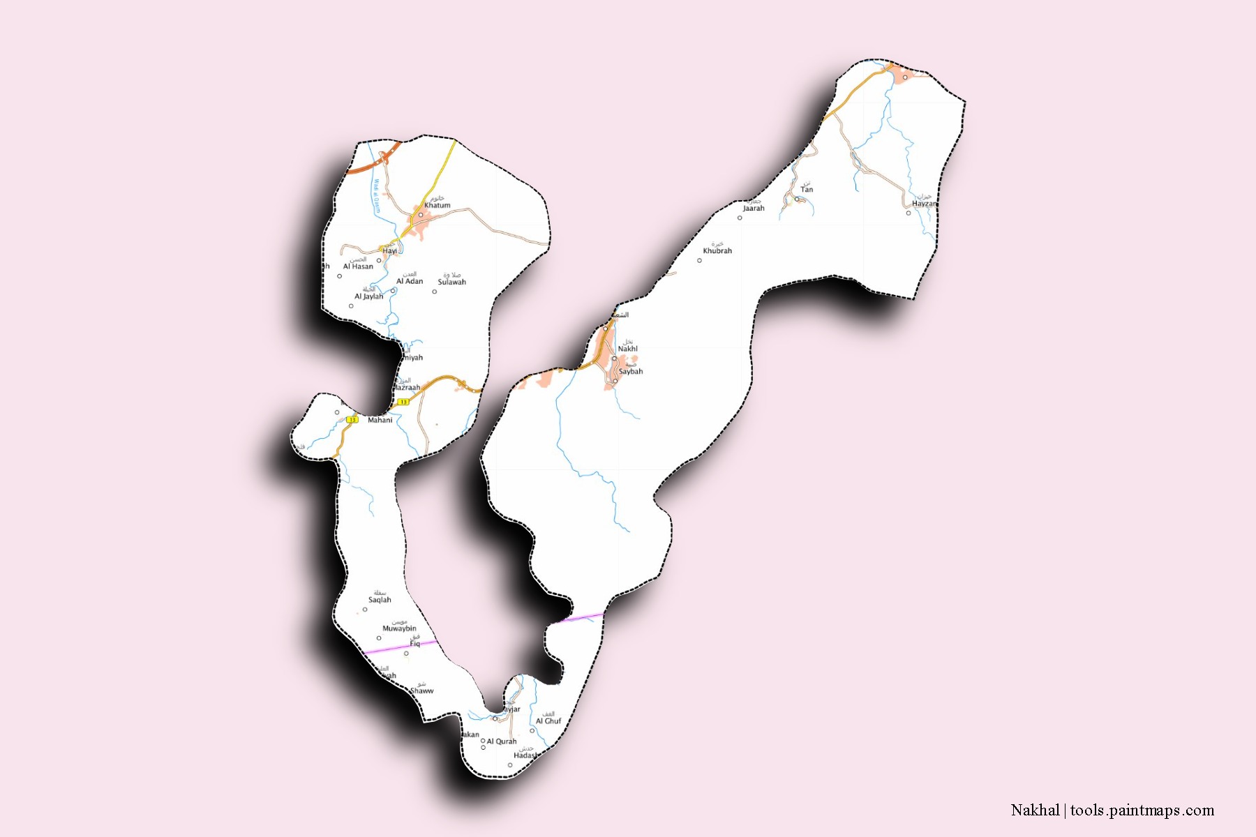 Mapa de barrios y pueblos de Nakhal con efecto de sombra 3D