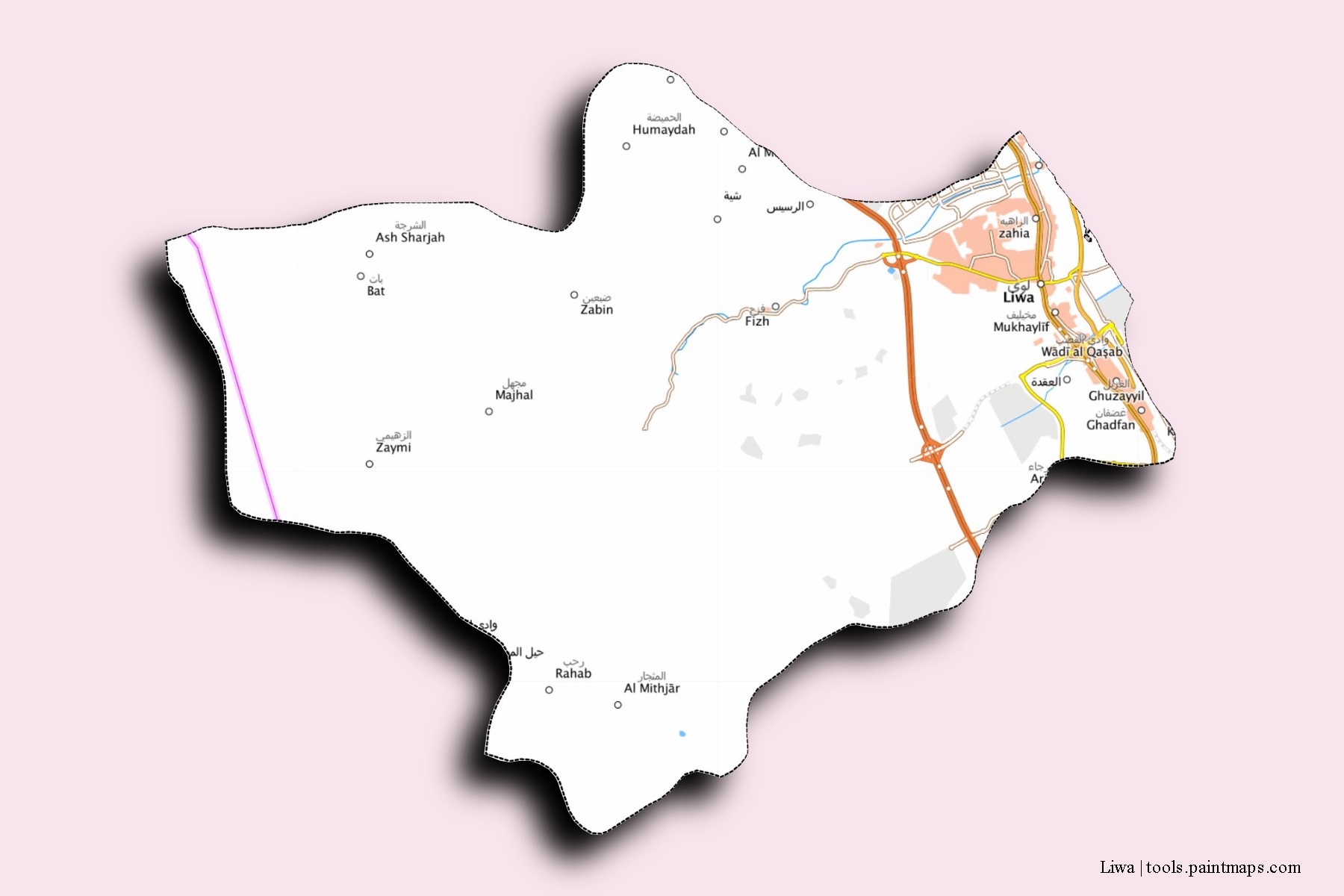 Mapa de barrios y pueblos de Liwa con efecto de sombra 3D