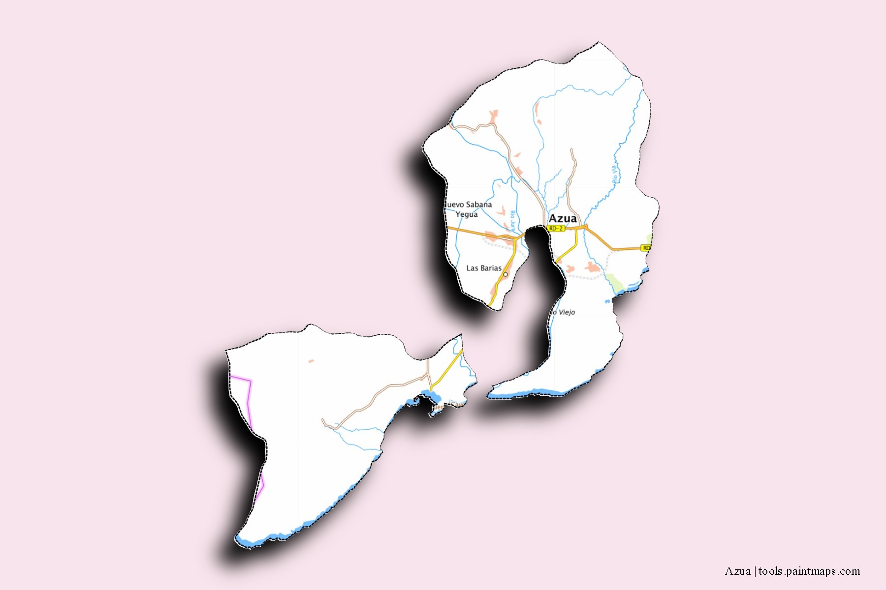 Mapa de barrios y pueblos de Azua con efecto de sombra 3D