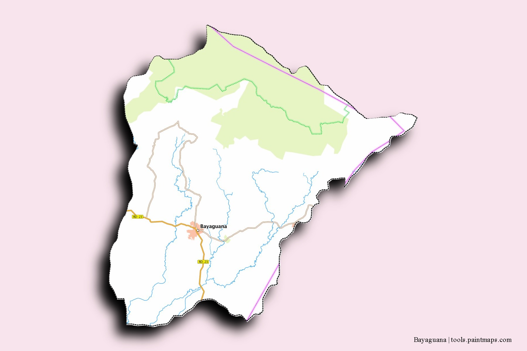 Mapa de barrios y pueblos de Bayaguana con efecto de sombra 3D