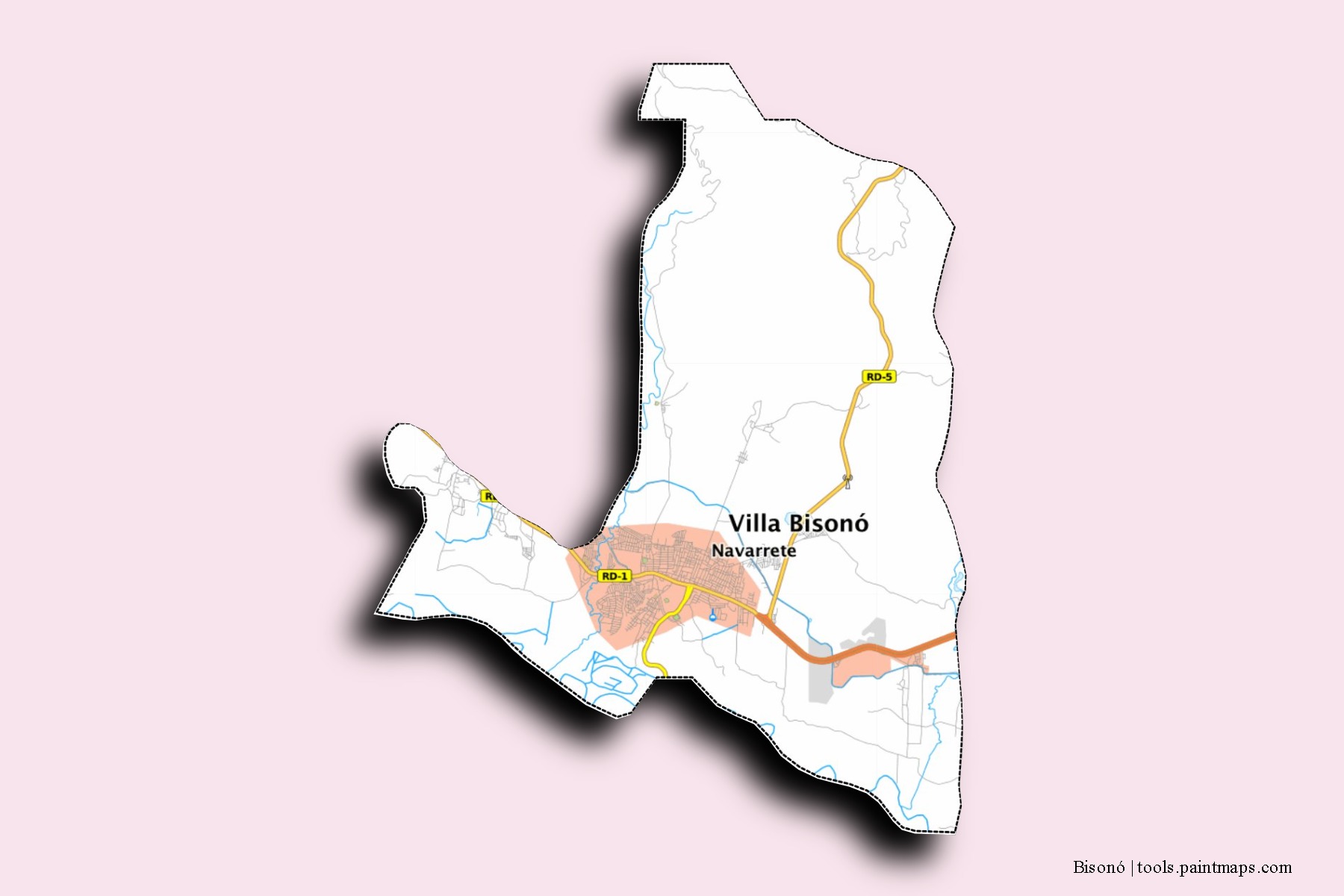 Mapa de barrios y pueblos de Bisonó con efecto de sombra 3D