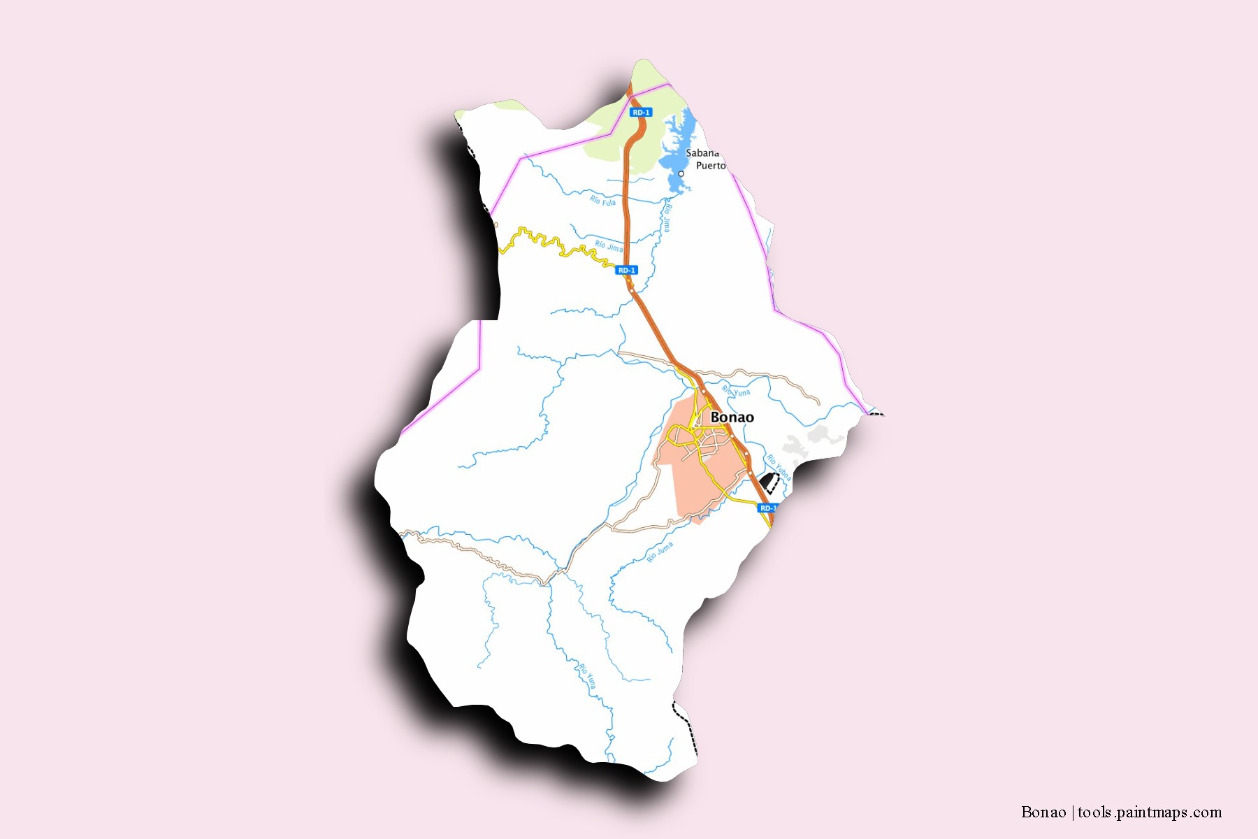 Mapa de barrios y pueblos de Bonao con efecto de sombra 3D