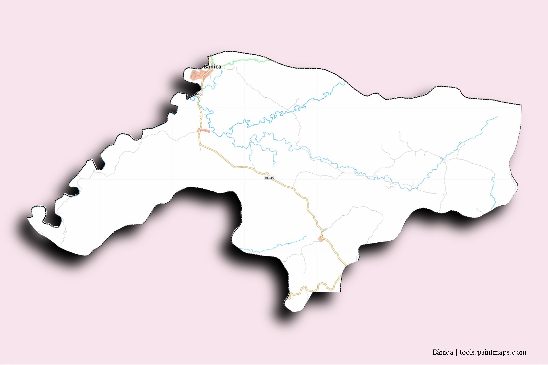 Mapa de barrios y pueblos de Bánica con efecto de sombra 3D