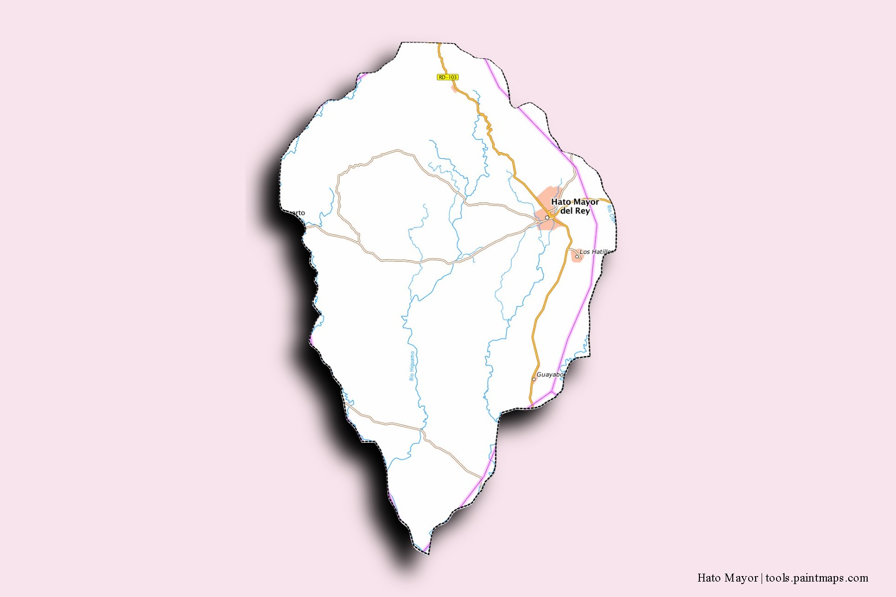 Mapa de barrios y pueblos de Hato Mayor con efecto de sombra 3D