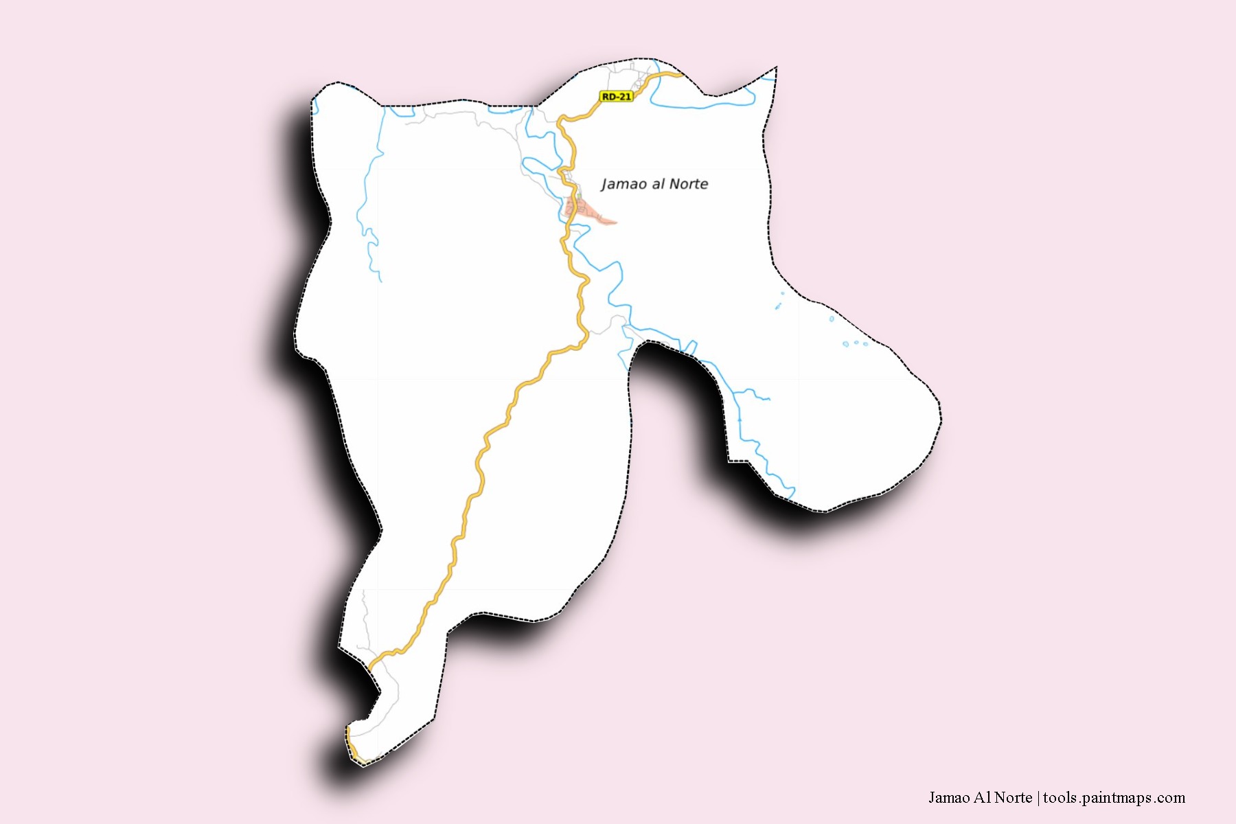 Mapa de barrios y pueblos de Jamao Al Norte con efecto de sombra 3D