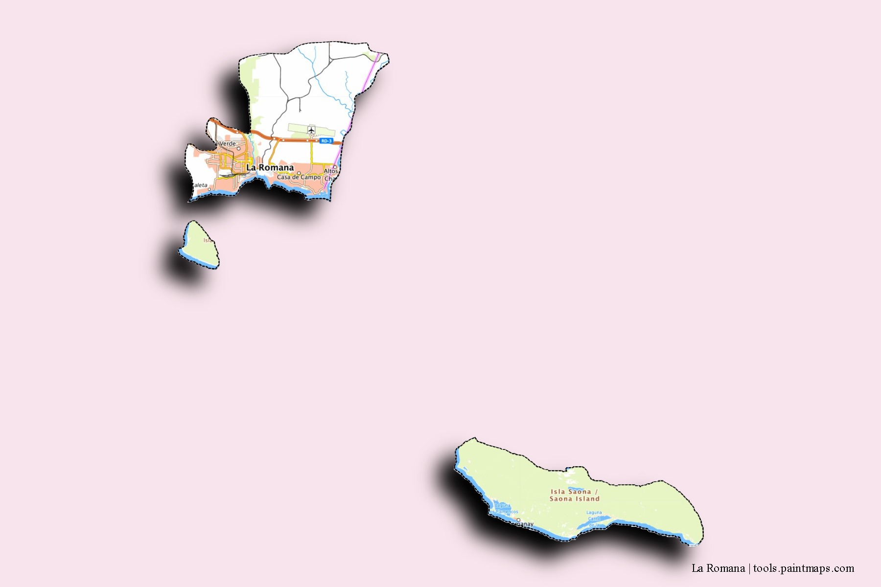 Mapa de barrios y pueblos de La Romana con efecto de sombra 3D