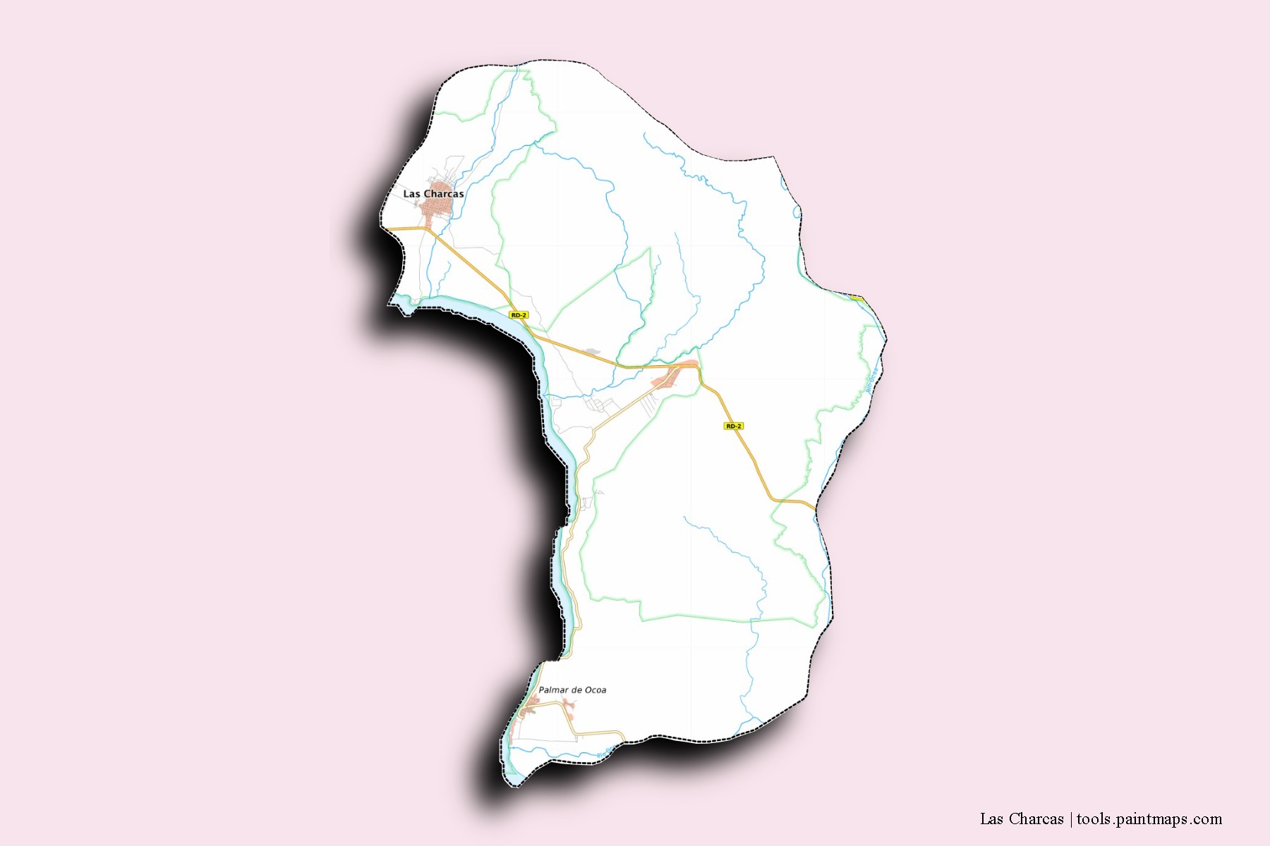 Mapa de barrios y pueblos de Las Charcas con efecto de sombra 3D