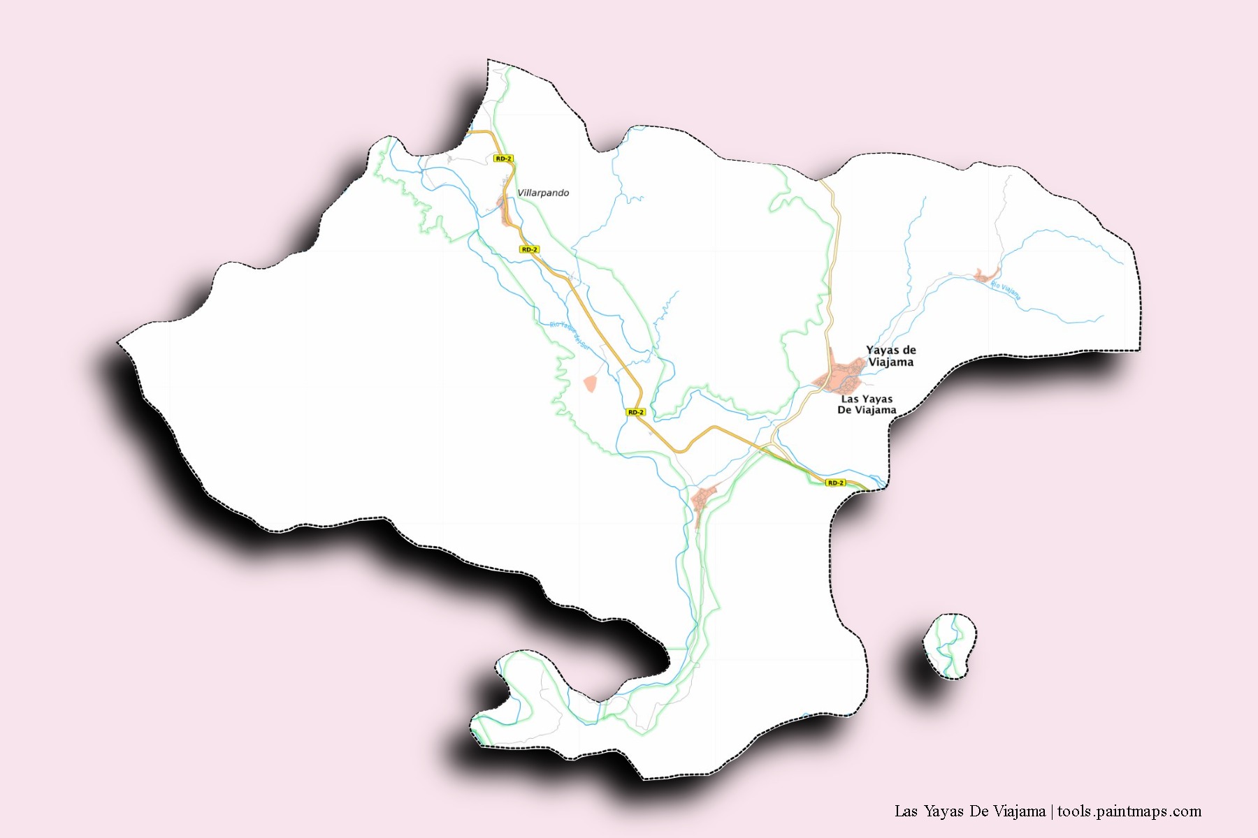 Mapa de barrios y pueblos de Las Yayas De Viajama con efecto de sombra 3D