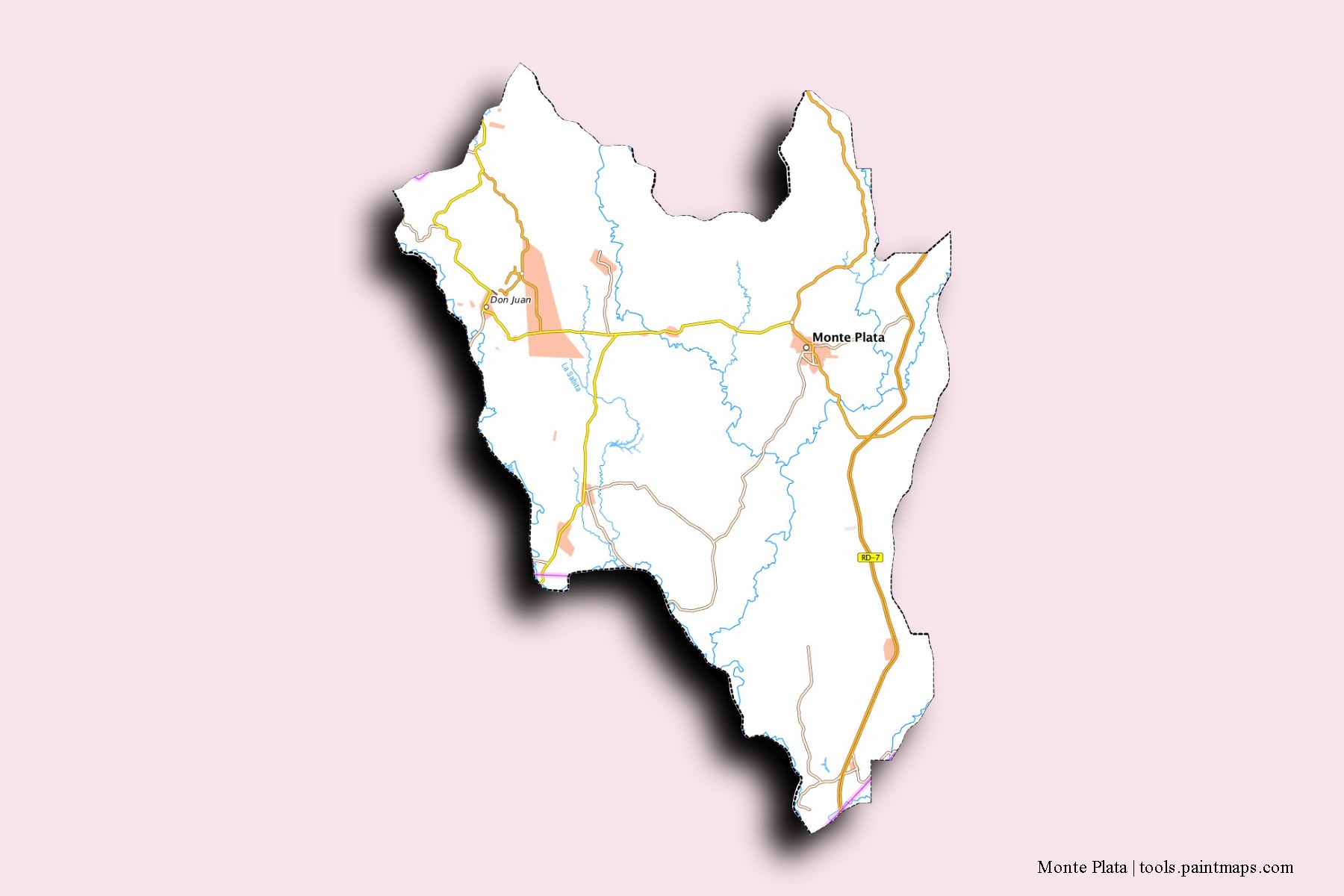 Monte Plata neighborhoods and villages map with 3D shadow effect