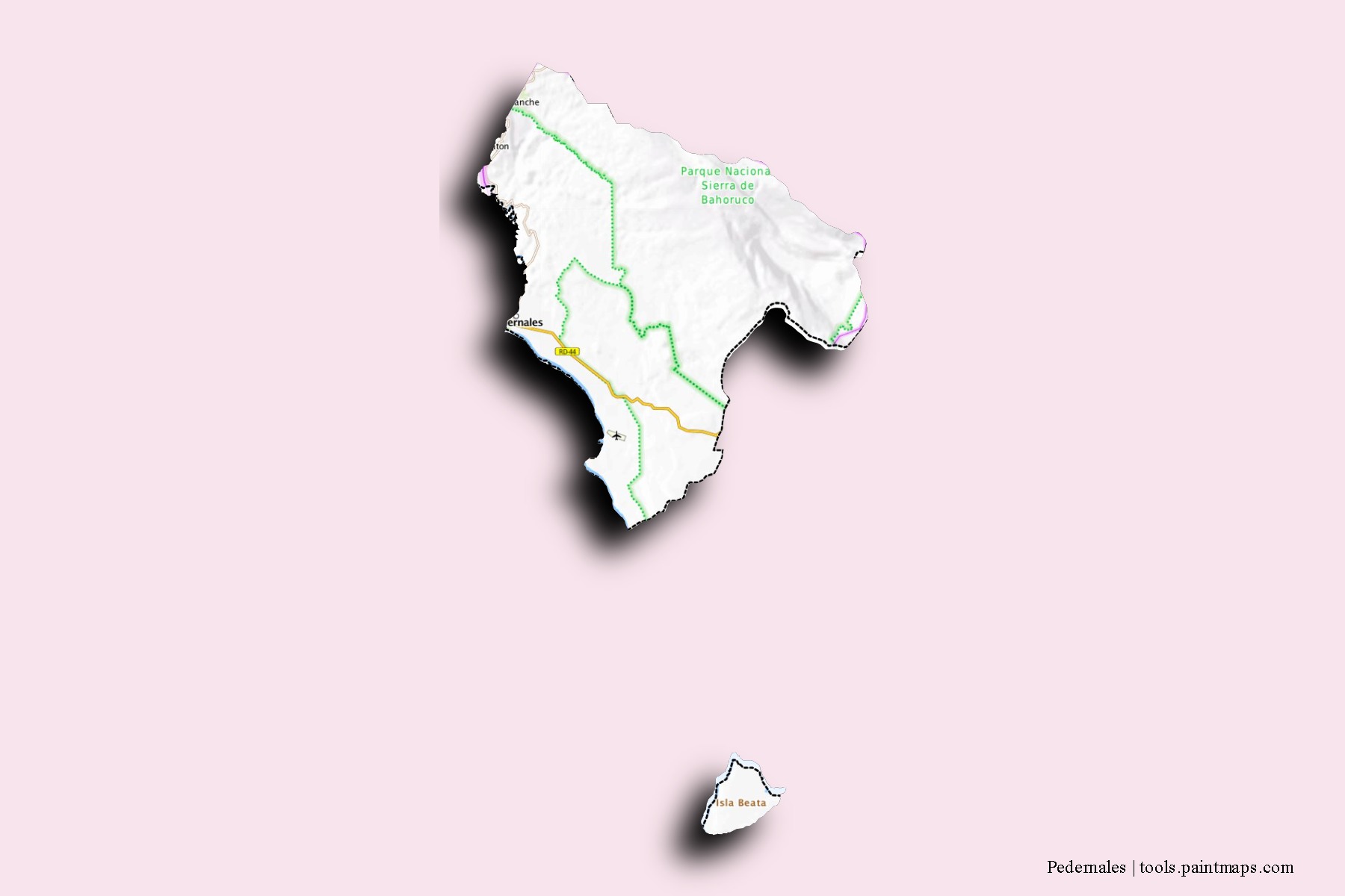 Mapa de barrios y pueblos de Pedernales con efecto de sombra 3D