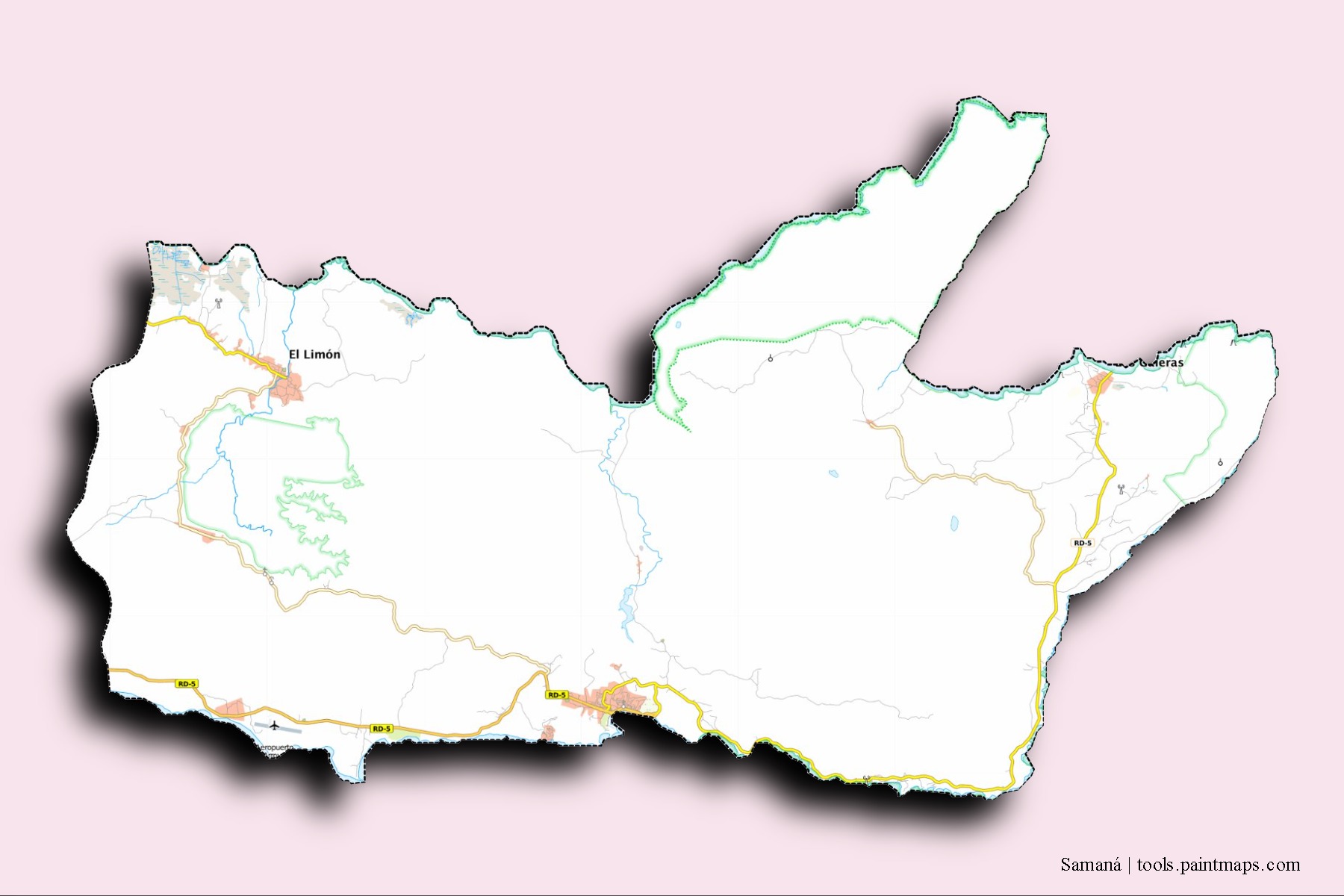 Mapa de barrios y pueblos de Samaná con efecto de sombra 3D