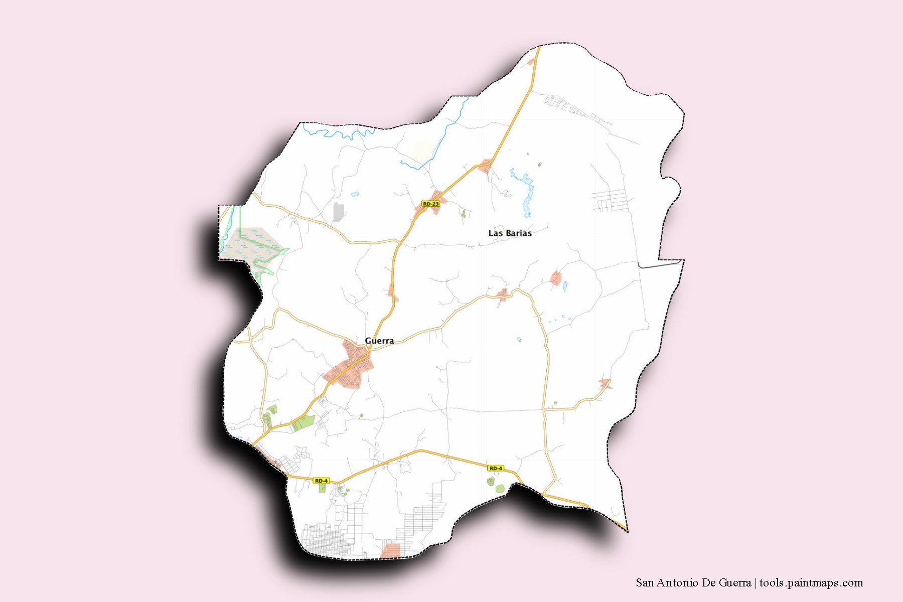 San Antonio De Guerra neighborhoods and villages map with 3D shadow effect