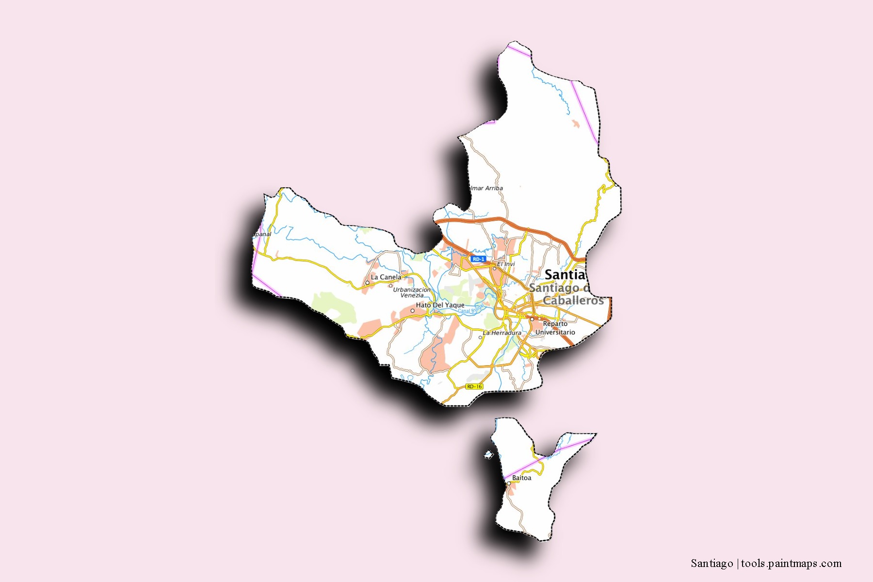 Mapa de barrios y pueblos de Santiago con efecto de sombra 3D