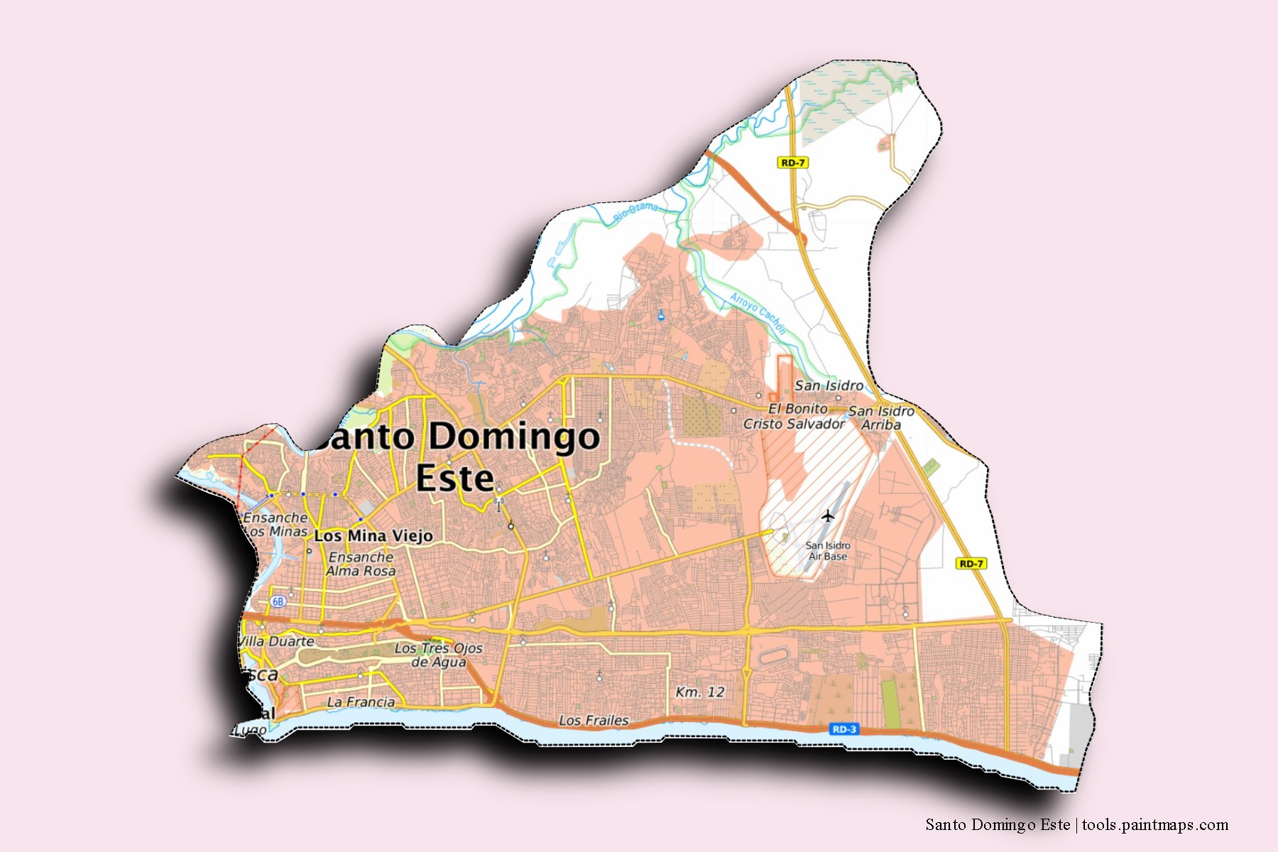 Mapa de barrios y pueblos de Santo Domingo Este con efecto de sombra 3D