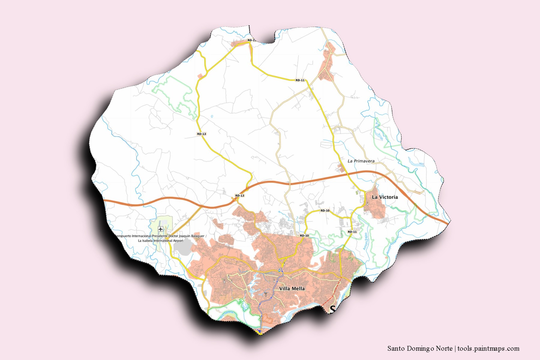 3D gölge efektli Santo Domingo Norte mahalleleri ve köyleri haritası