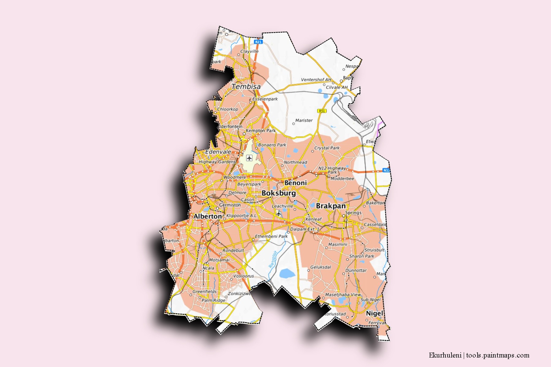 Mapa de barrios y pueblos de Ekurhuleni con efecto de sombra 3D