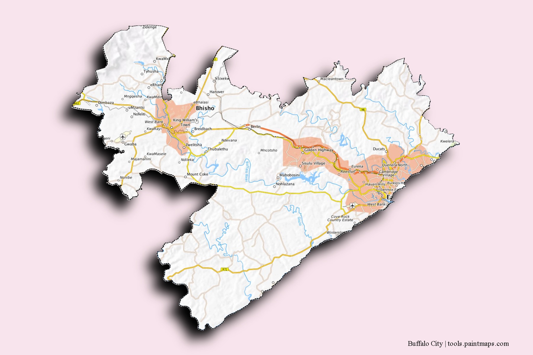 Buffalo City neighborhoods and villages map with 3D shadow effect