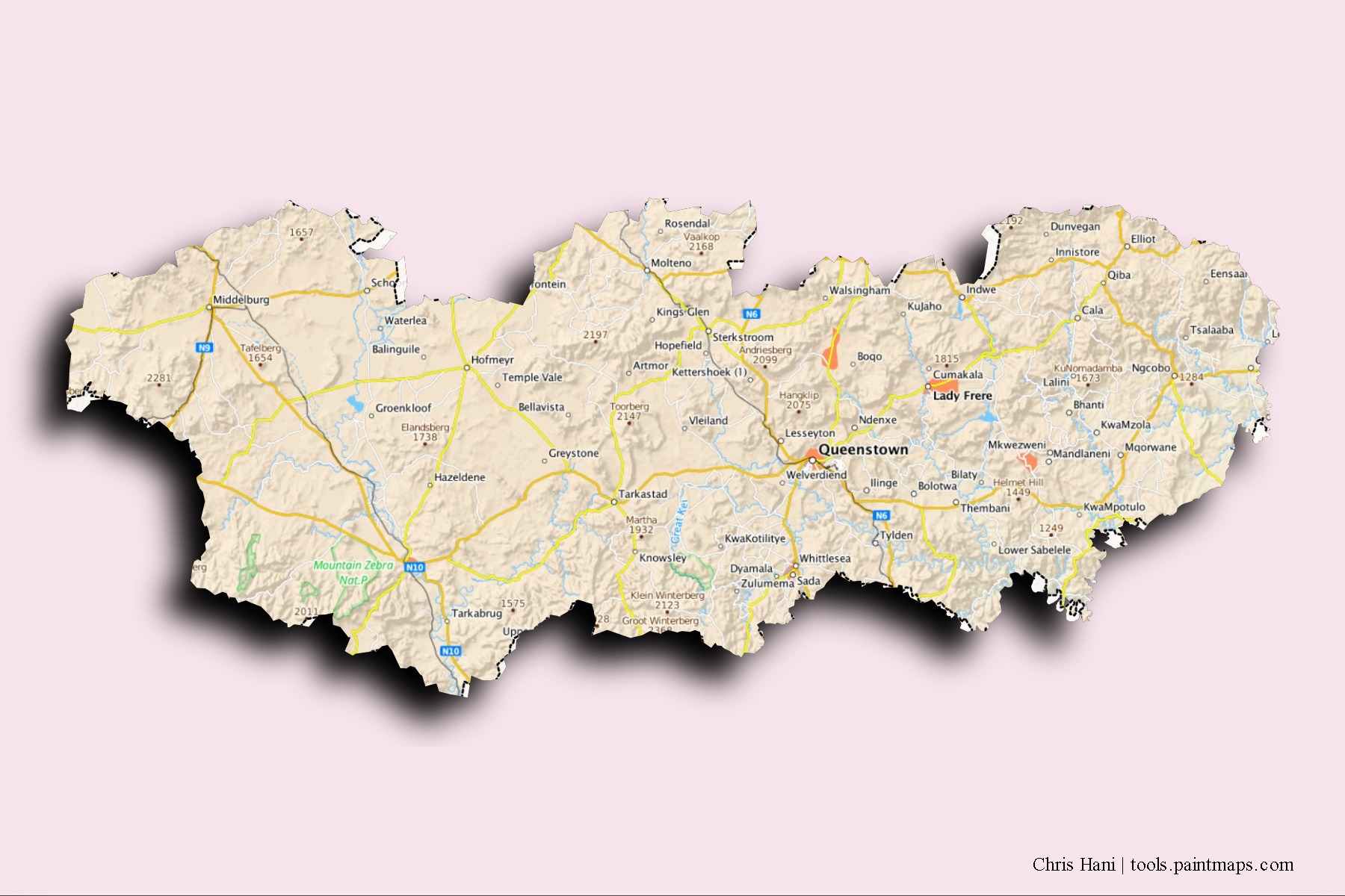 Mapa de barrios y pueblos de Chris Hani con efecto de sombra 3D