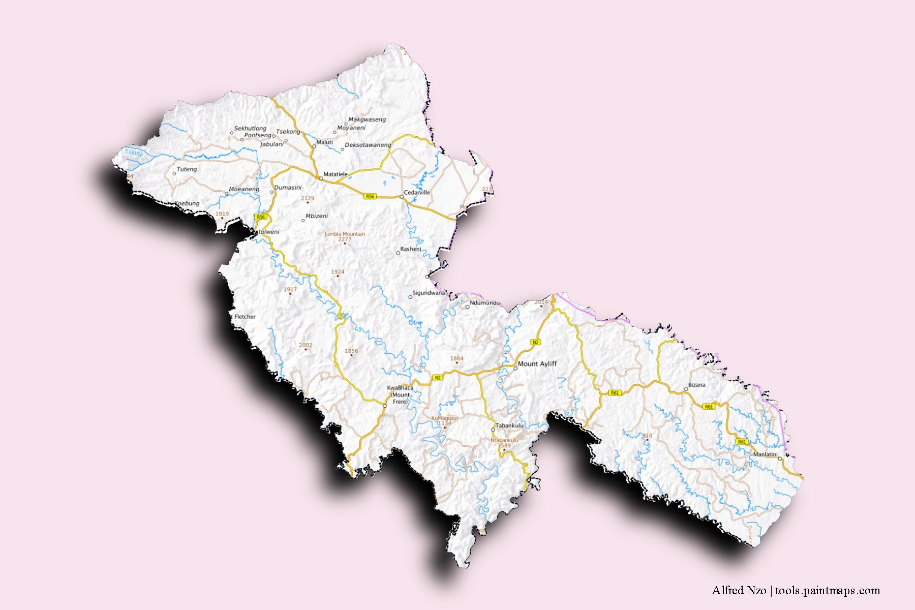 Mapa de barrios y pueblos de Alfred Nzo con efecto de sombra 3D