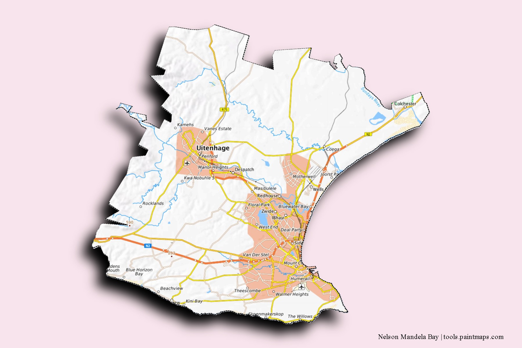 Nelson Mandela Bay neighborhoods and villages map with 3D shadow effect