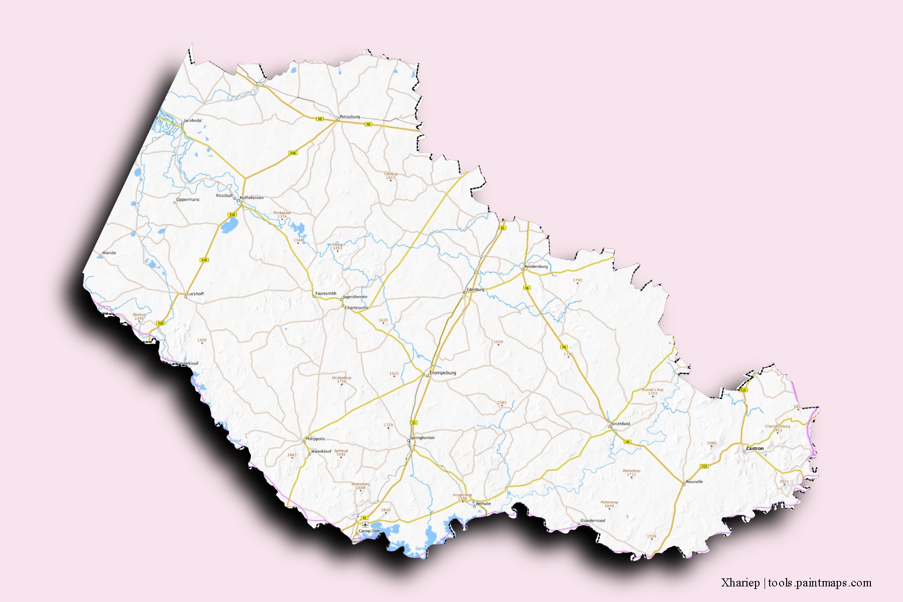 Mapa de barrios y pueblos de Xhariep con efecto de sombra 3D